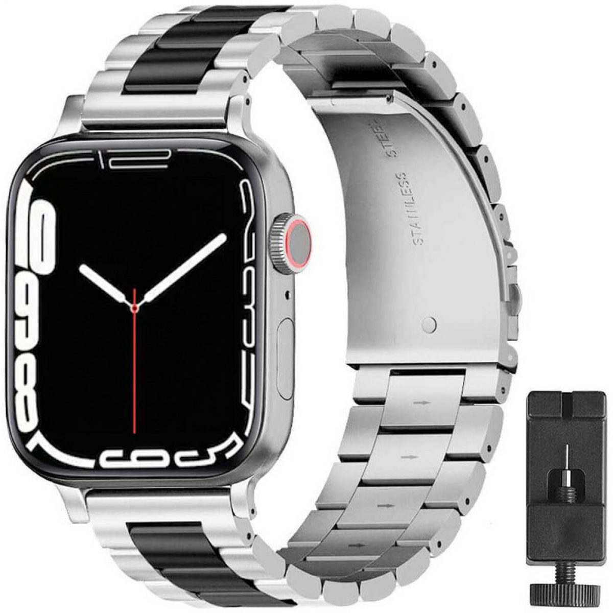 Silberne Apple Watch mit silbernem und schwarzem Metallband. Display zeigt Zeit. Werkzeug daneben.