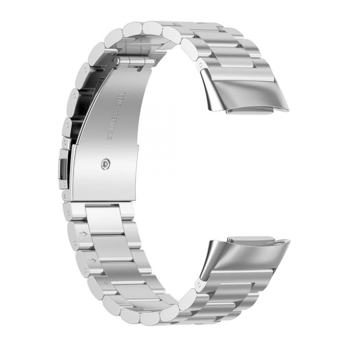 Ein gebogenes Edelstahl-Uhrenarmband, an einem Ende offen.