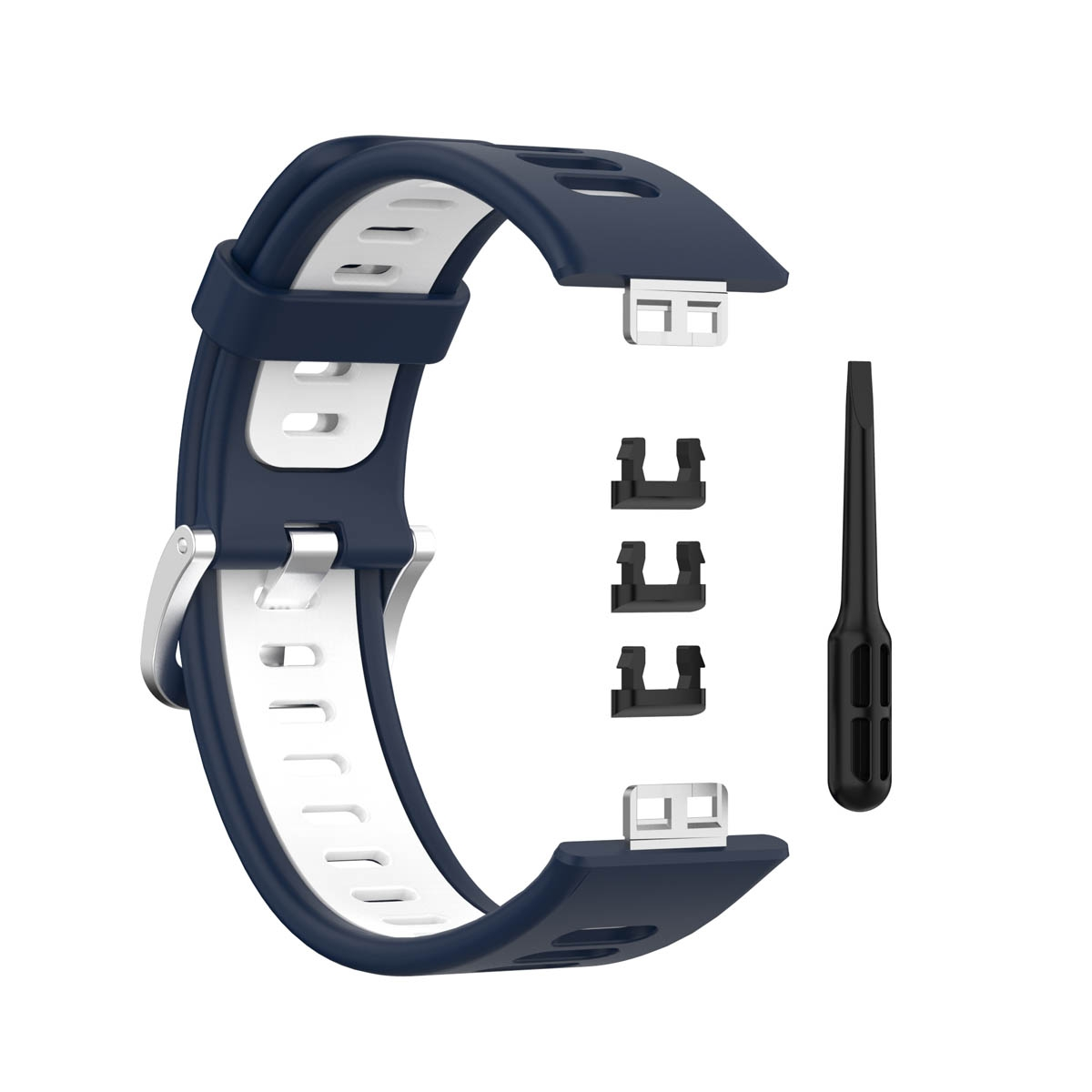 Ein Armband in Marineblau und Weiß, mit Ersatzteilen und einem Werkzeug.