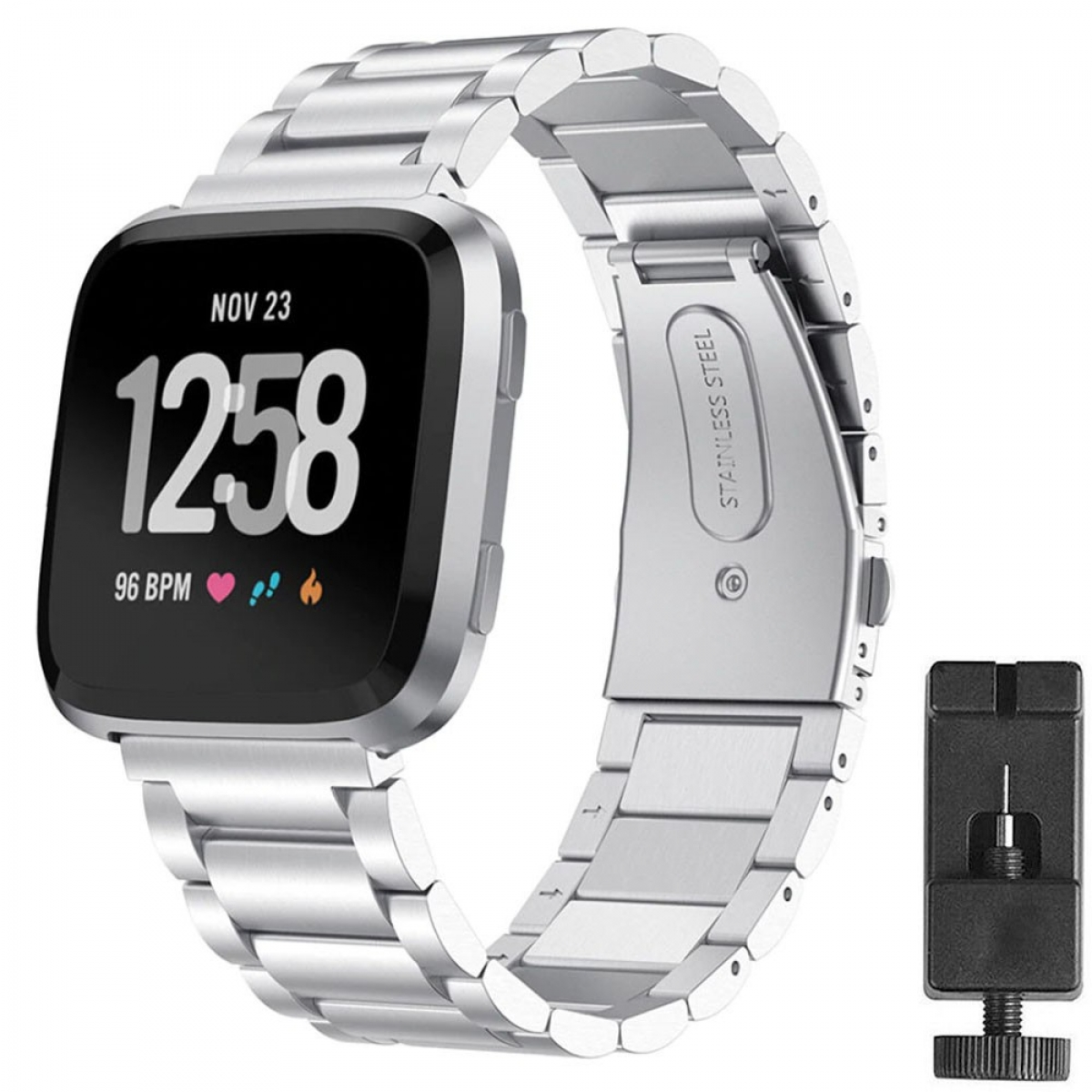 Silberne Smartwatch mit silbernem Metallarmband. Der Bildschirm zeigt Datum, Uhrzeit und Gesundheitsdaten.