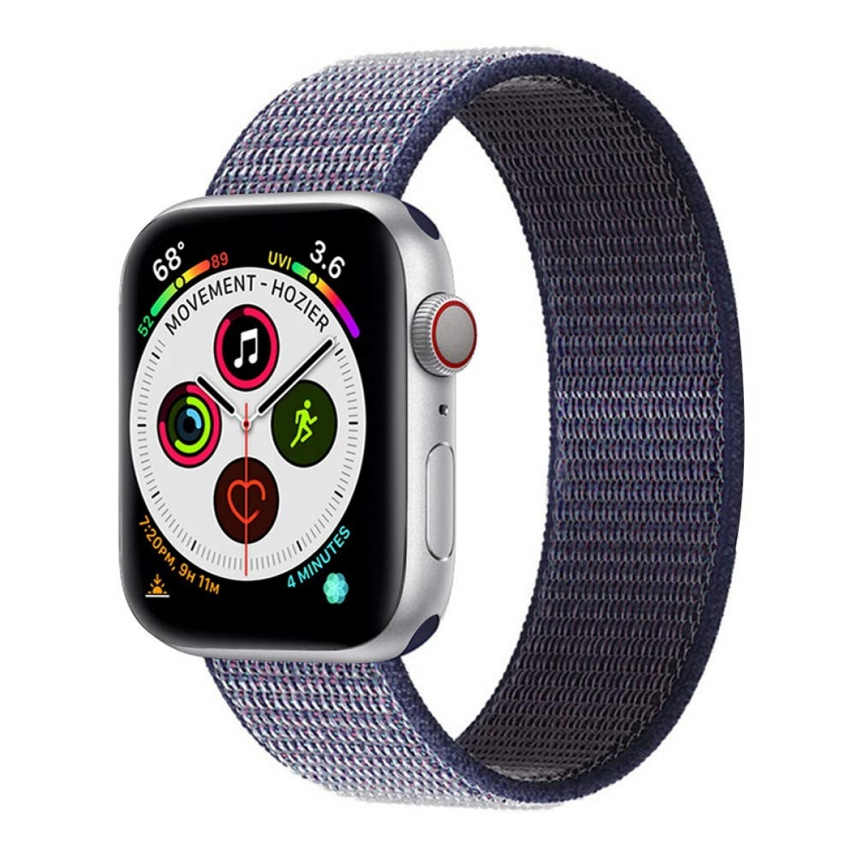 Silberne Apple Watch mit blauem Stoffarmband, zeigt Zifferblatt.