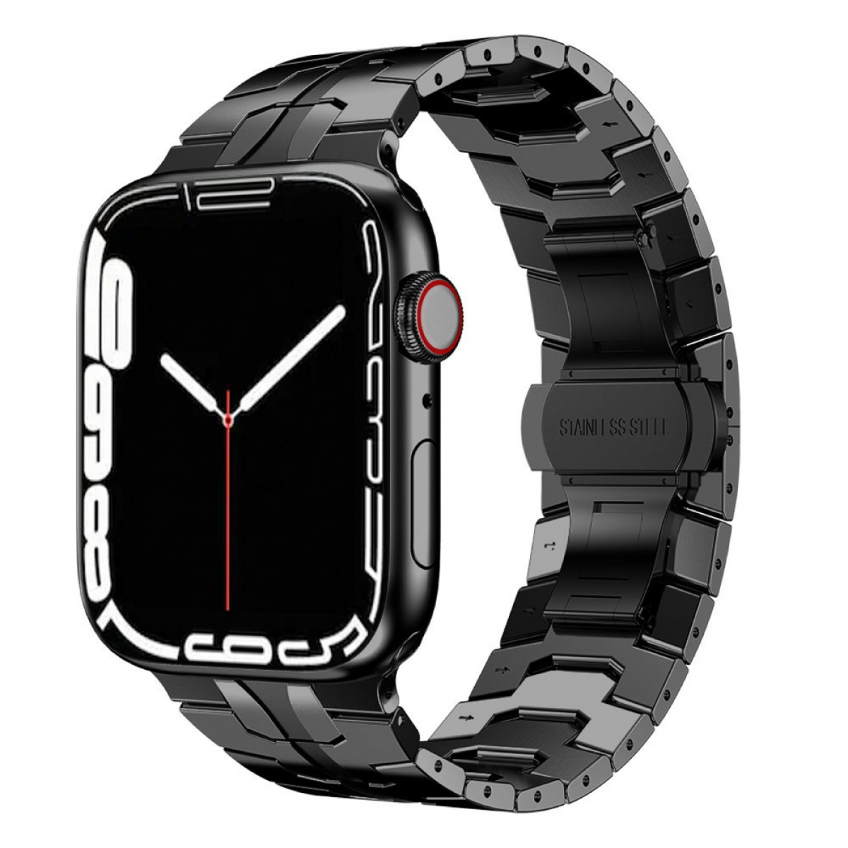 Schwarze Apple Watch mit schwarzem Metallarmband. Das Display zeigt Zeit und App-Symbole.