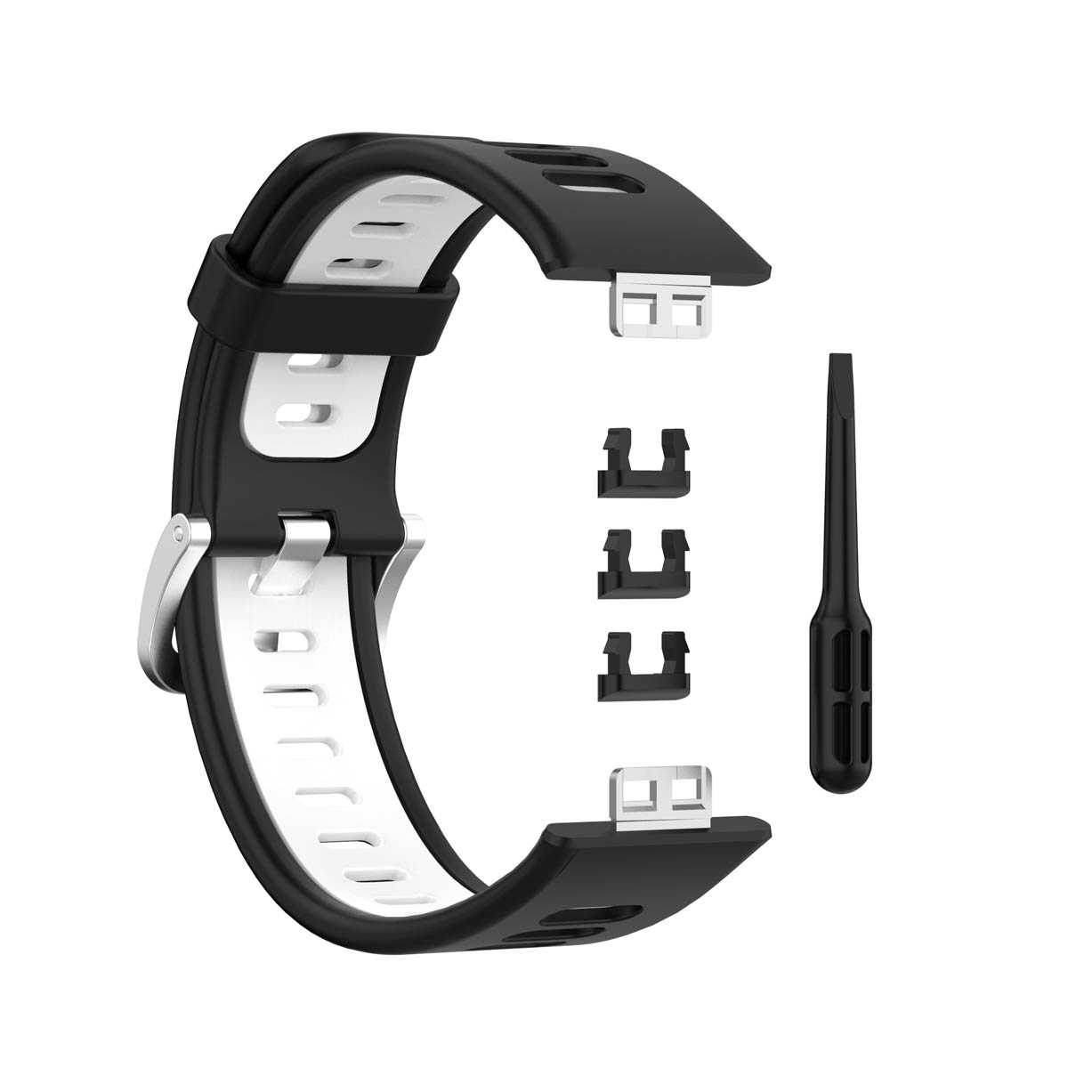 Schwarz-weißes Armband mit Befestigungen und einem Werkzeug.