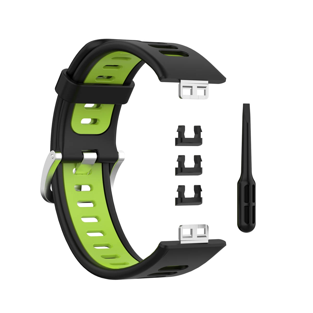 Ein schwarzes und grünes Uhrenarmband mit Metallschnallen und Werkzeug.