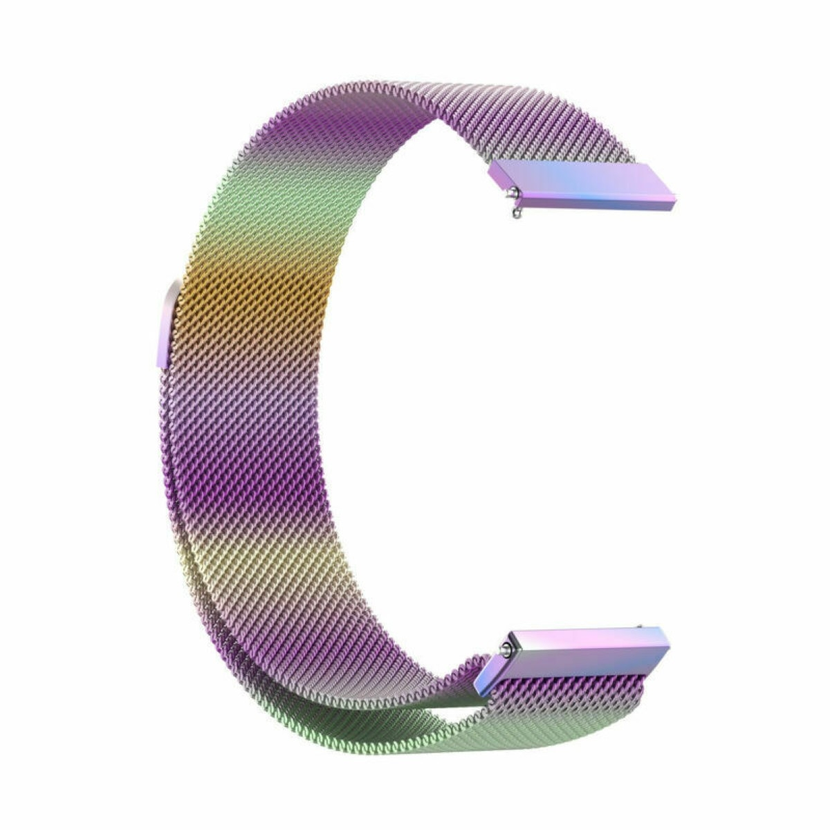 Schillerndes Metall-Mesh-Armband, C-förmig, auf weißem Hintergrund, zum Anbringen an einer Uhr.