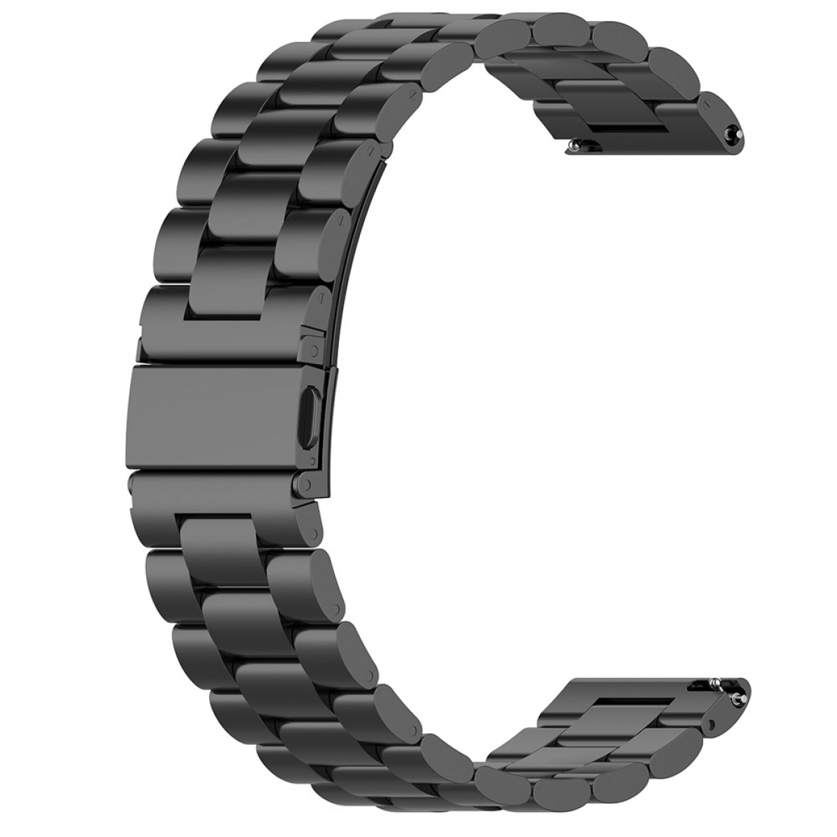Schwarzes Uhrenarmband. Es besteht aus Metall und hat einen Verschluss.