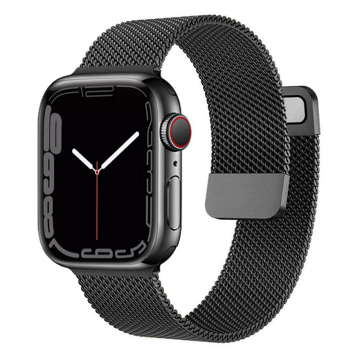 Schwarze Apple Watch mit schwarzem Mesh-Armband. Das Zifferblatt ist schwarz mit roten Details.