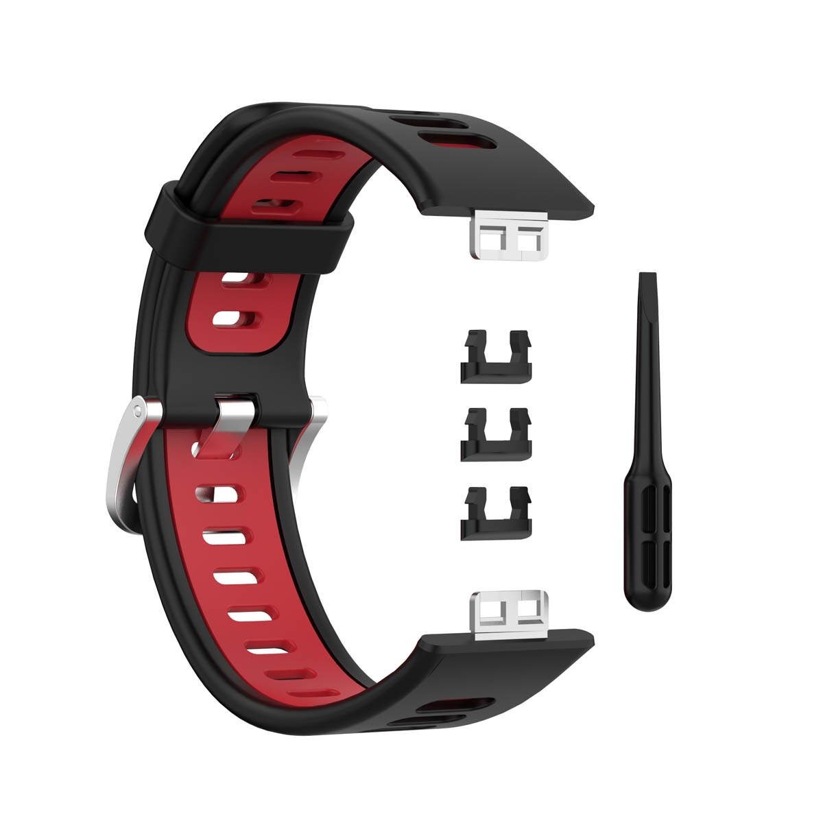 Schwarzes und rotes Armband mit silberner Schnalle und Verbindungsstücken.