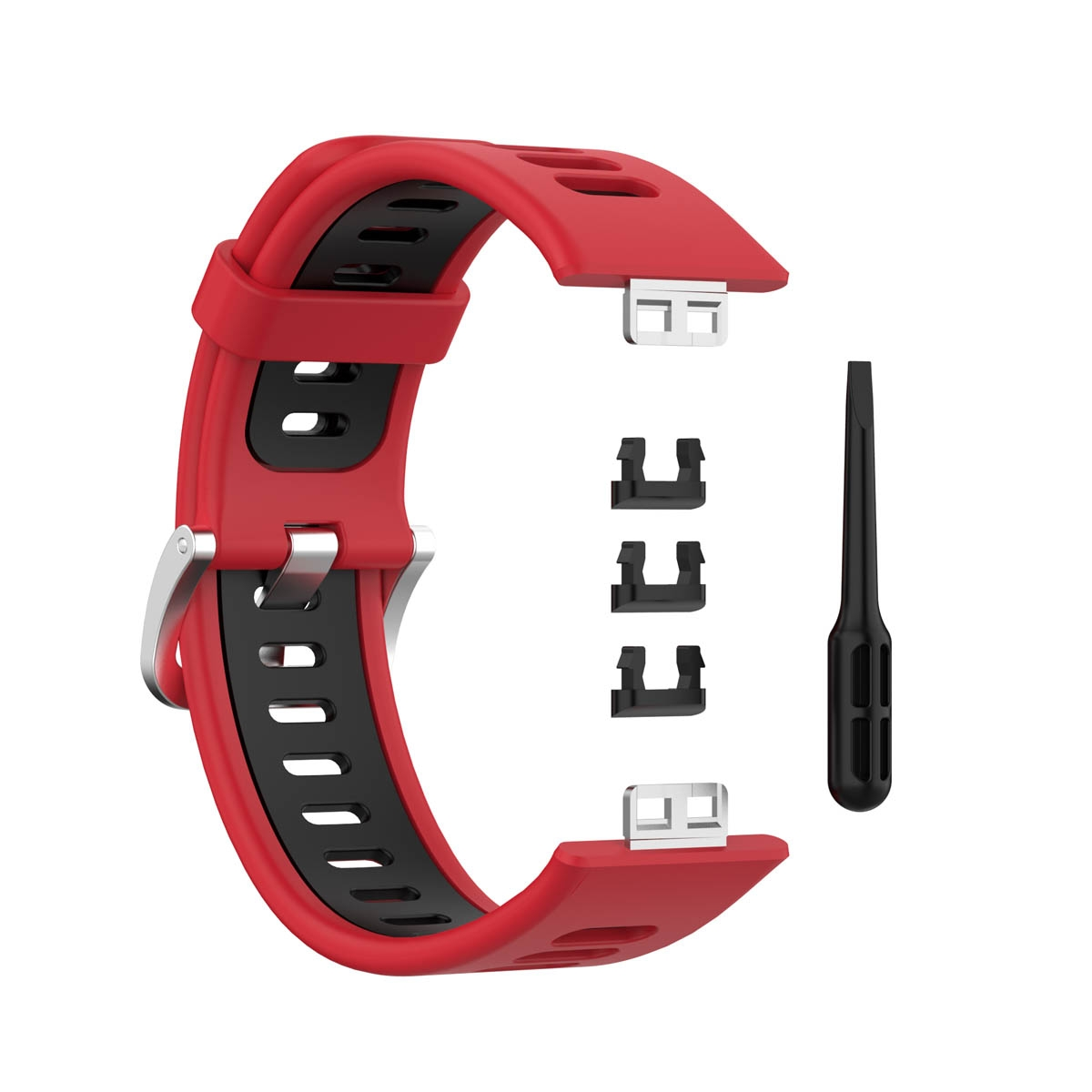 Ein rotes und schwarzes Uhrenarmband in Teile zerlegt. Es hat silberne Verschlüsse und ein schwarzes Werkzeug.