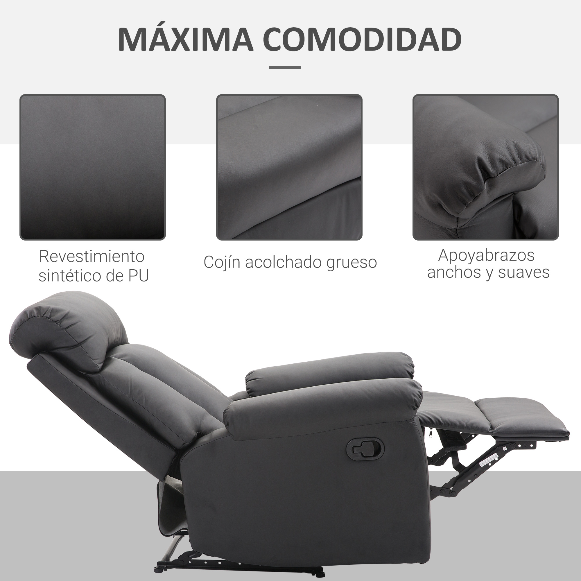 Sillón reclinable gris con tres imágenes de cerca que muestran detalles de la silla.