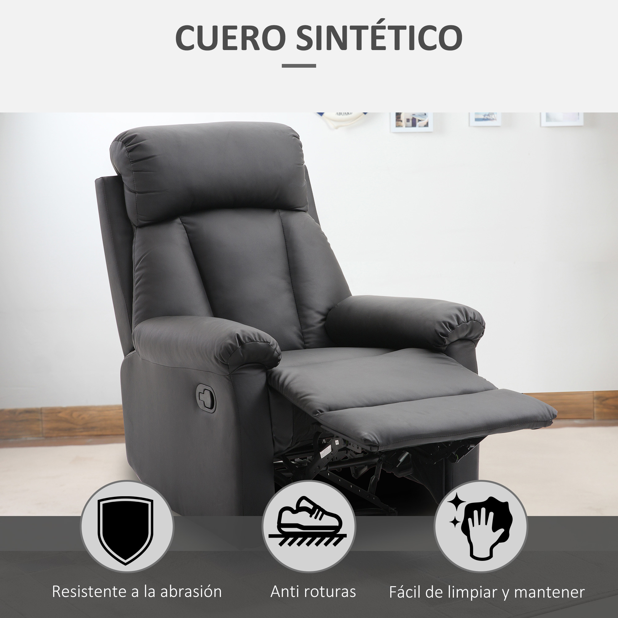 Reclinable de cuero sintético negro, mostrando resistencia a la abrasión, antidesgarro y fácil limpieza.
