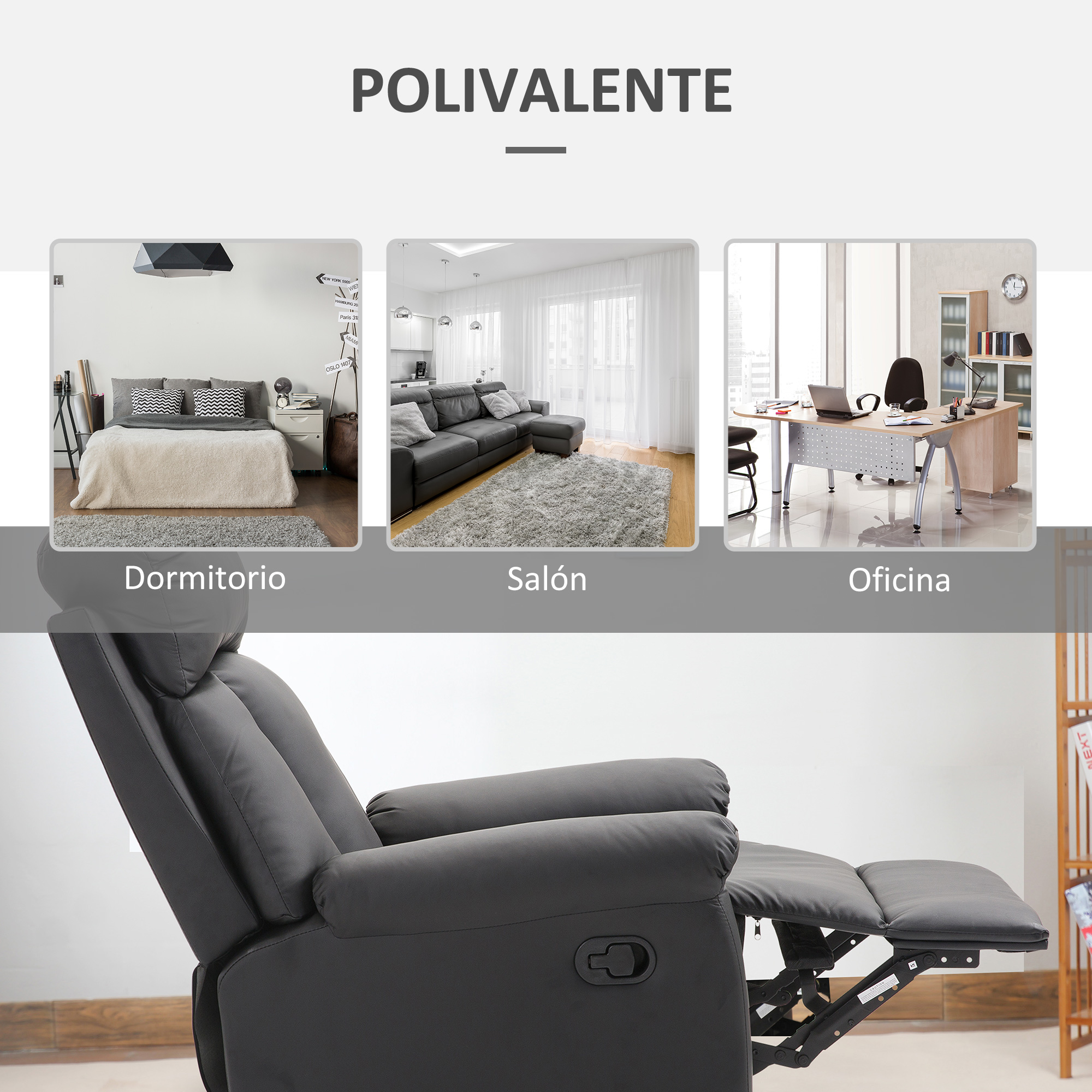 Un sillón reclinable con imágenes de un dormitorio, sala de estar y oficina, que demuestran la versatilidad del producto.