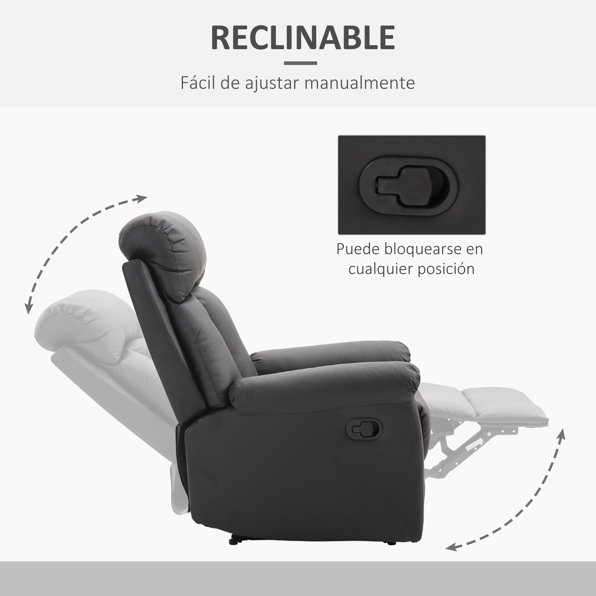 Sillón reclinable negro con ajuste manual. Se puede bloquear en cualquier posición.