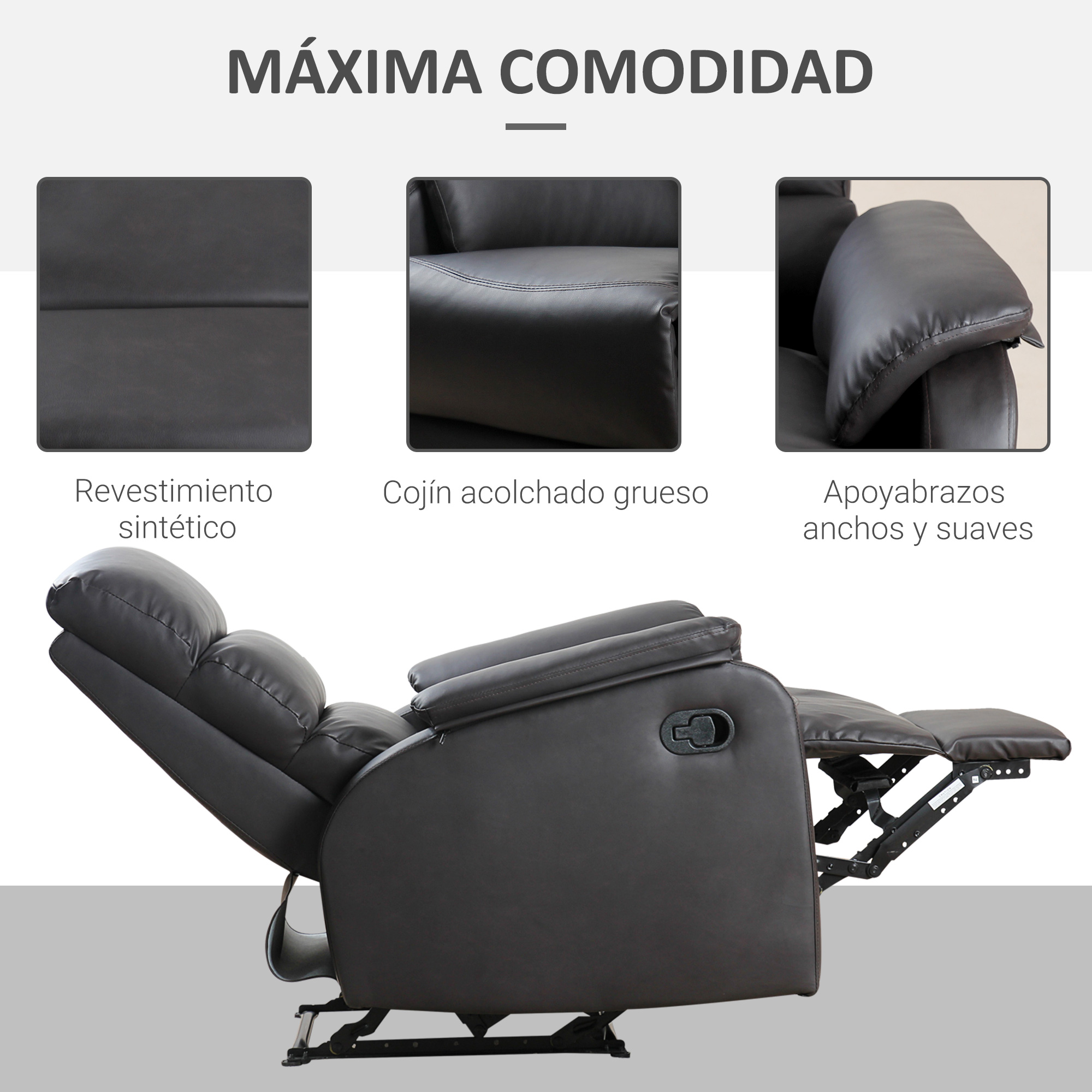 Sillón reclinable gris oscuro, con primeros planos del revestimiento sintético, cojín grueso y apoyabrazos.