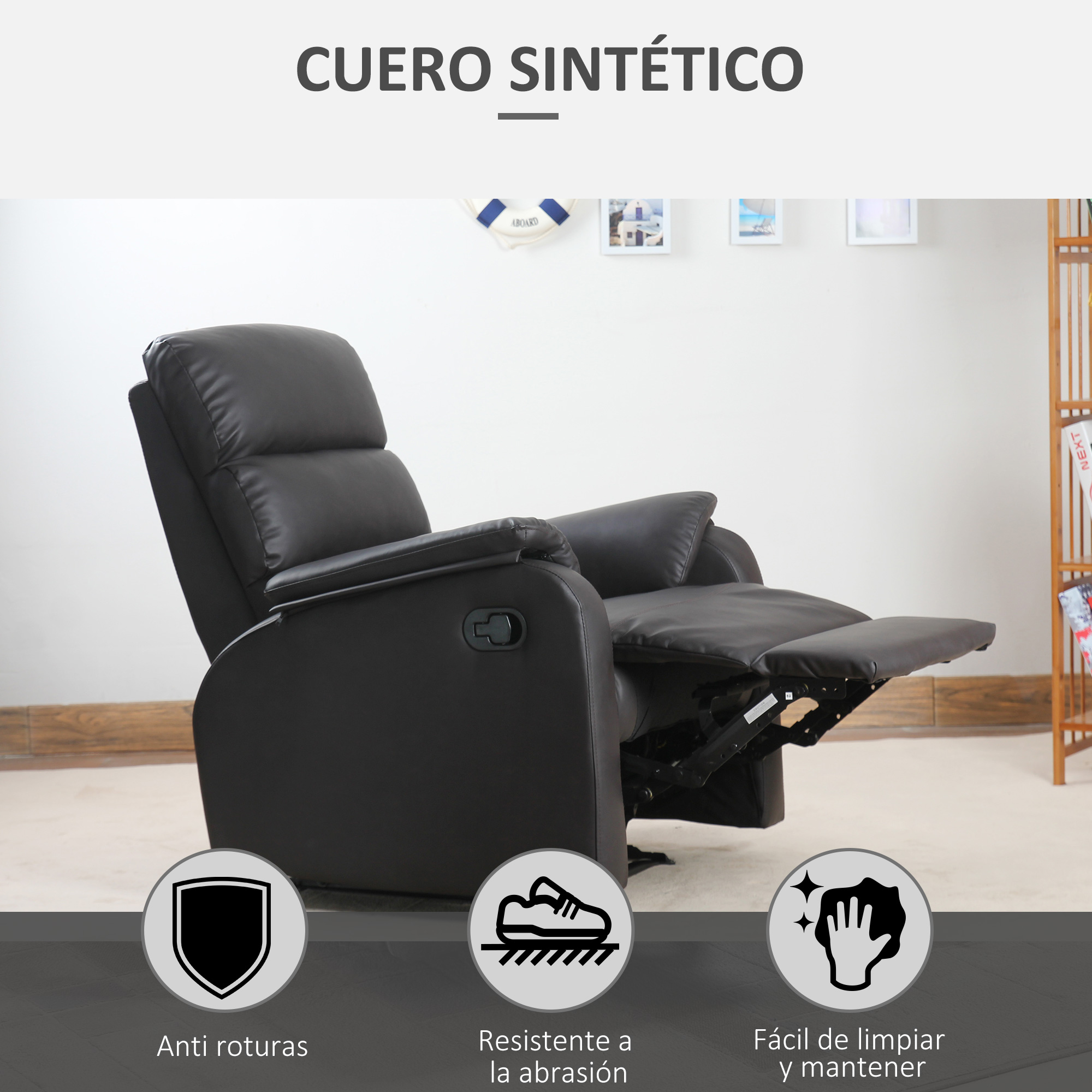 Sillón reclinable negro con reposapiés extendido. El texto dice "Cuero Sintético". Iconos de durabilidad y cuidado.