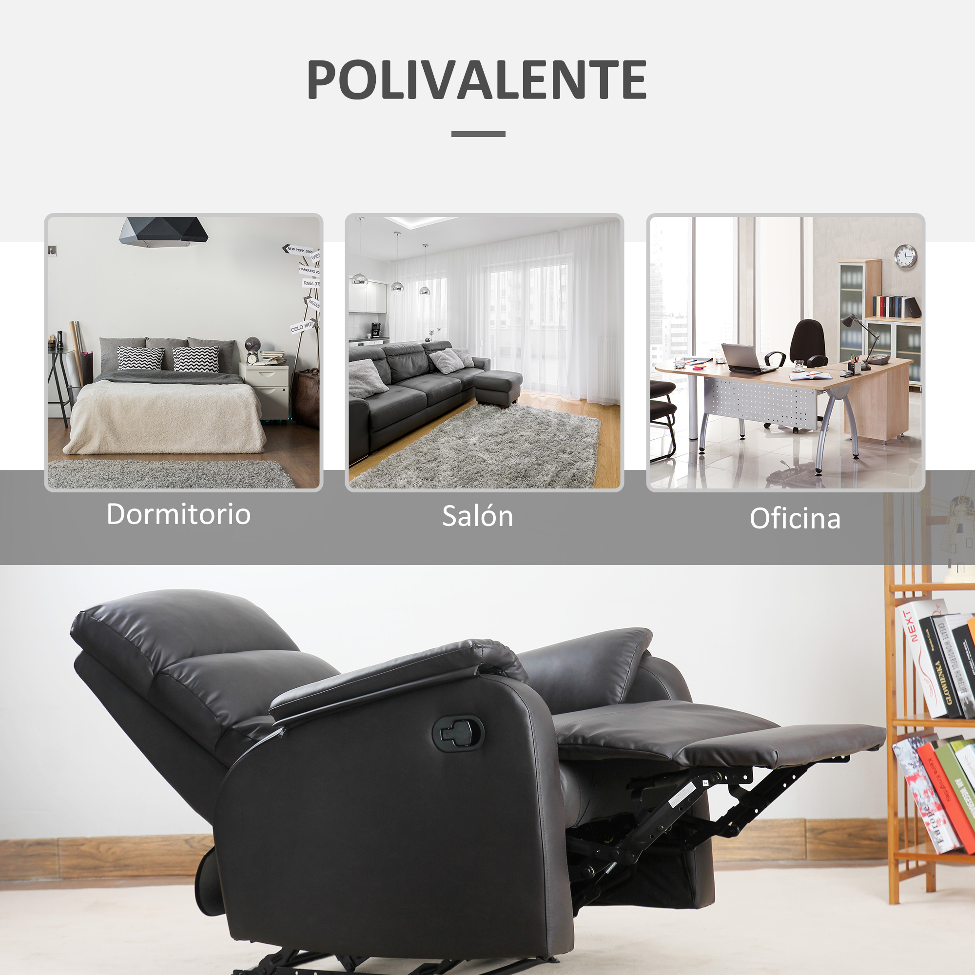 Imagen que muestra una silla reclinable y tres escenas interiores: dormitorio, sala de estar y oficina.