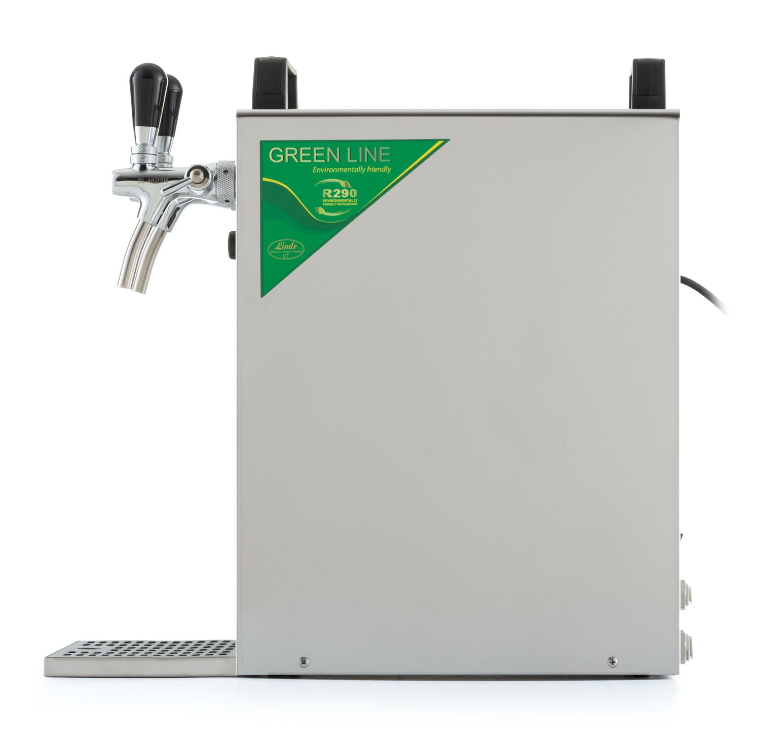 Un système de robinet à bière en acier inoxydable avec une étiquette verte indiquant 'GREEN LINE'.