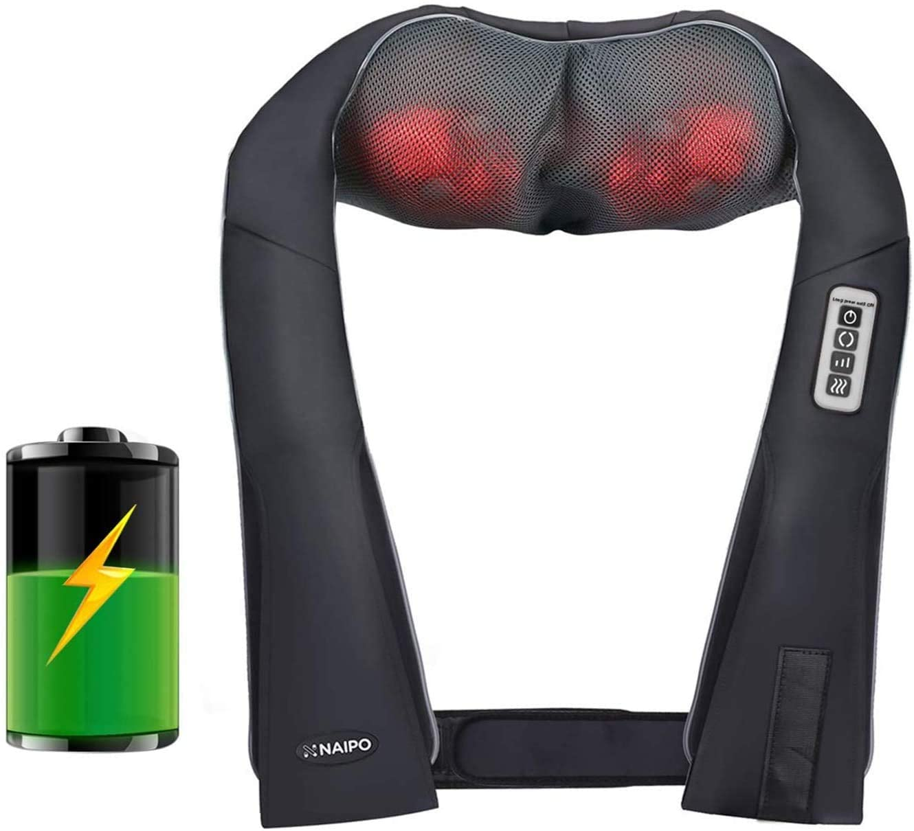 Schwarzes Nackenmassagegerät mit roten Massageknoten. Es befindet sich neben einem Akku mit Blitzsymbol.