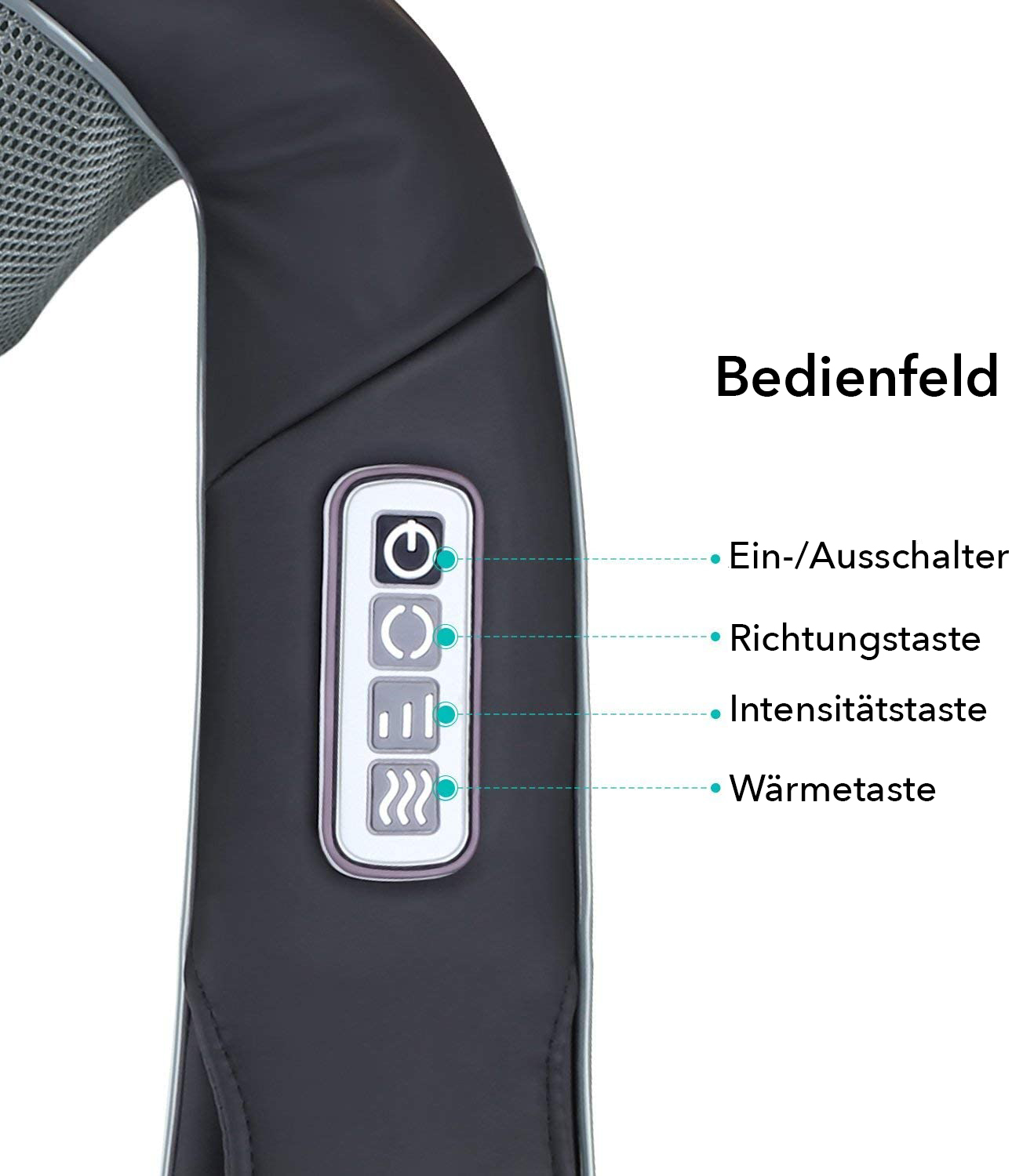 Bedienfeld mit Tasten für Strom, Richtung, Intensität und Wärme auf einem Massagegerät.