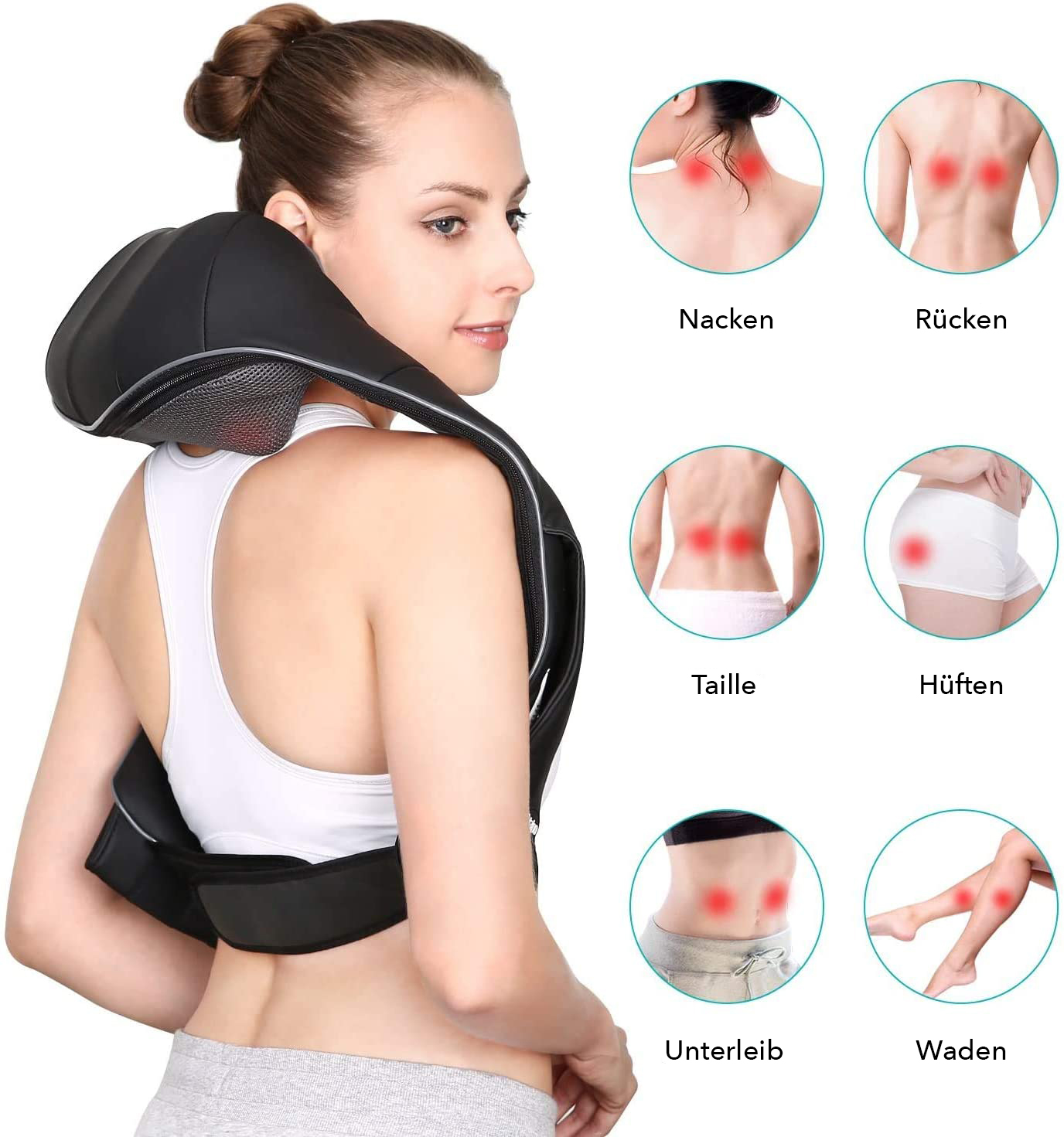 Eine Frau benutzt ein Nacken- und Schultermassagegerät. Diagramme zeigen Massagepunkte.