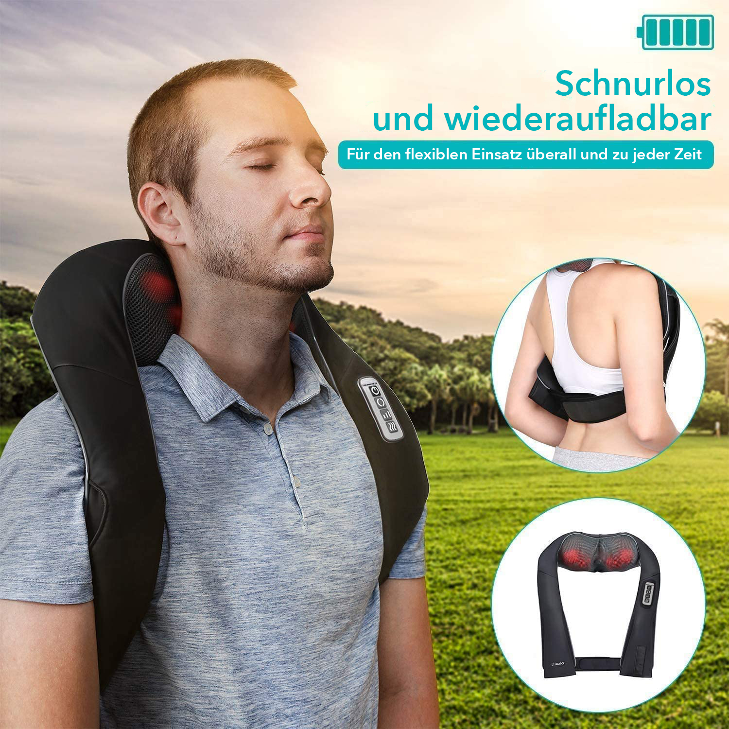 Ein Mann mit einem Massagegerät um den Hals, plus zwei Produktaufnahmen des Geräts und des menschlichen Rückens.