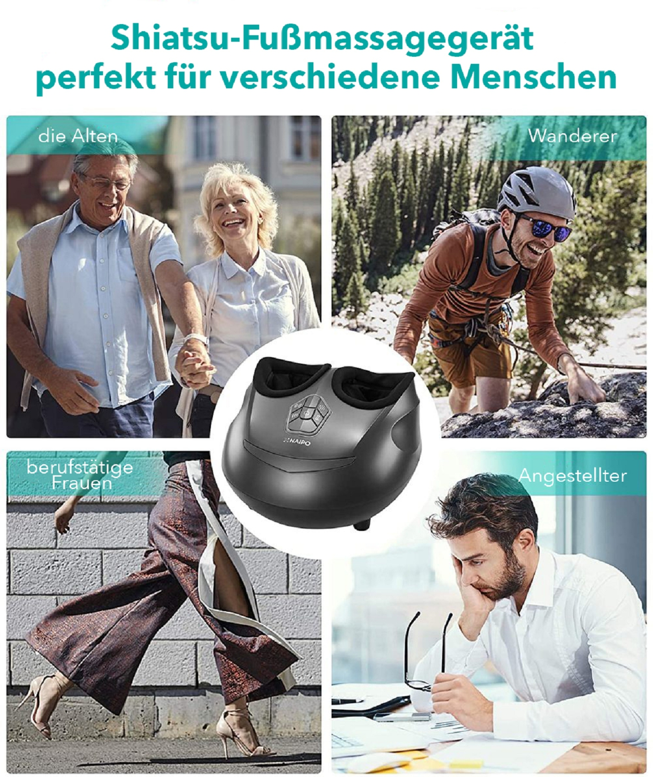 Shiatsu-Fußmassagegerät mit Bildern verschiedener Personen: ältere Menschen, Wanderer, Geschäftsfrau, Büroangestellter.
