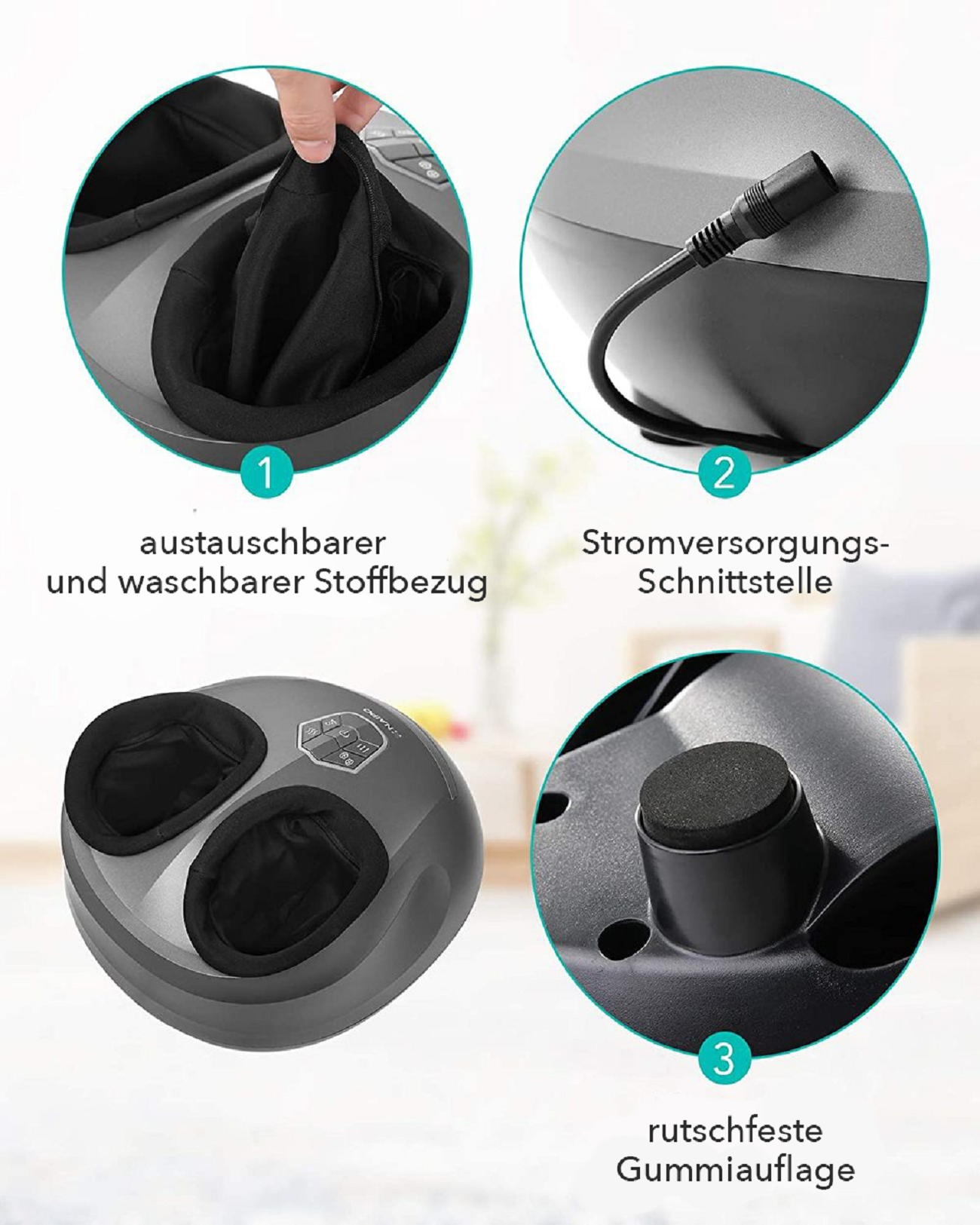 Fußmassagegerät mit abnehmbarem Stoffbezug und Netzkabel, graue Farbe, weißer Hintergrund.