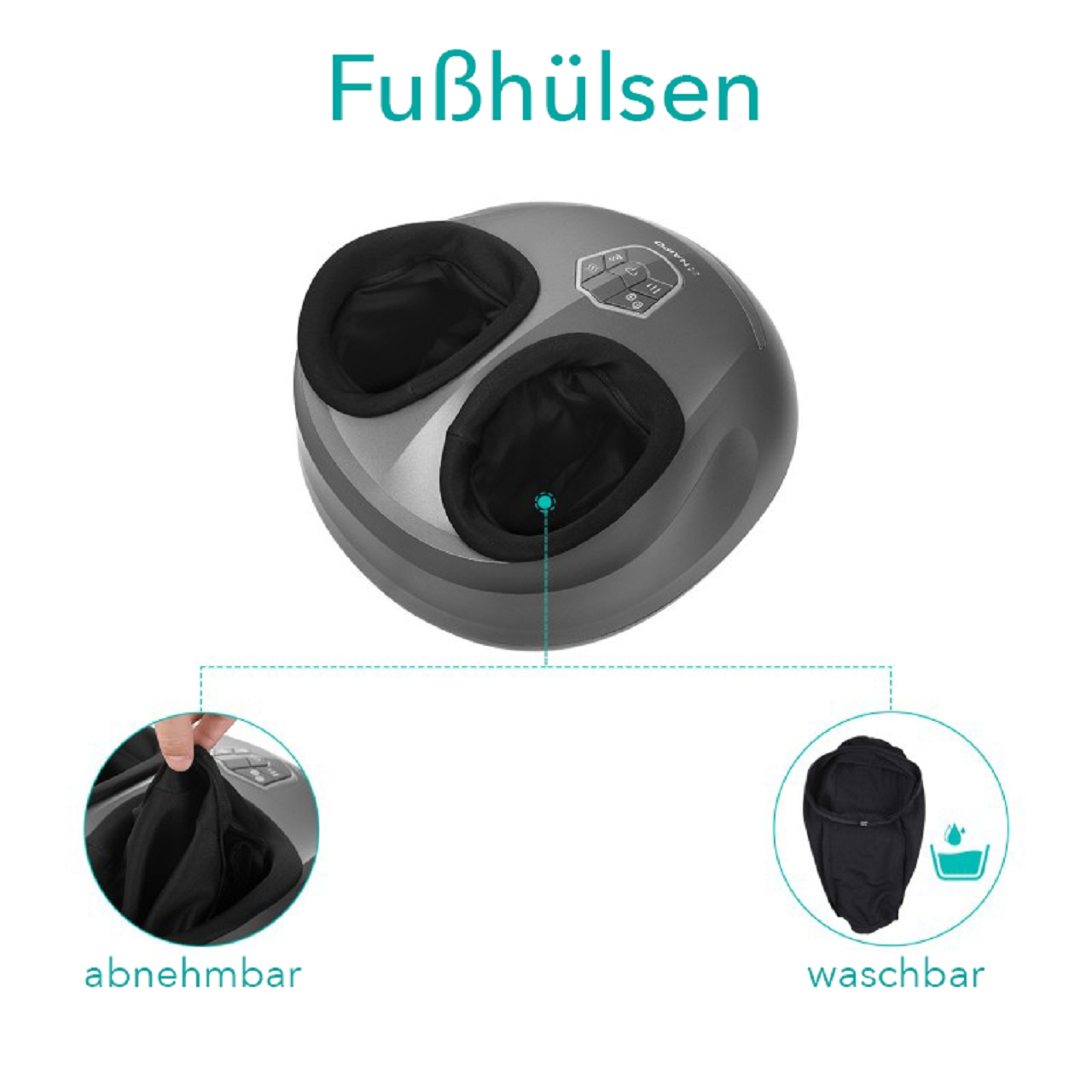 Ein Fußmassagegerät mit abnehmbaren und waschbaren Fußhüllen, vor weißem Hintergrund.