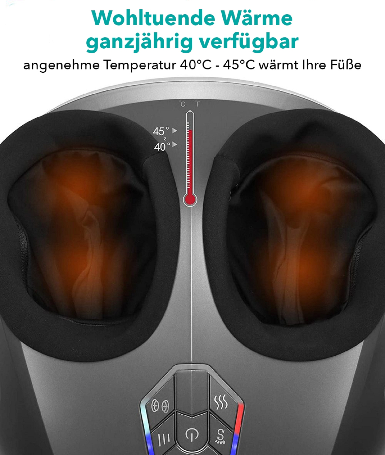 Fußmassagegerät mit roter Temperaturanzeige und Text.