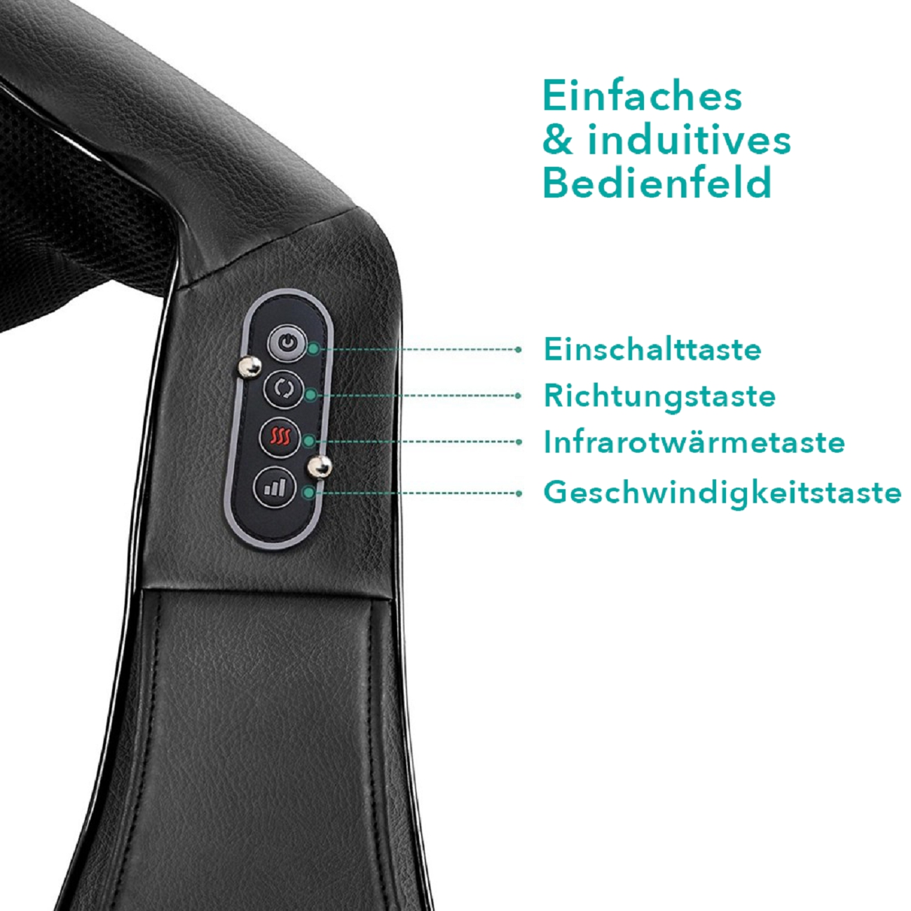 Nahaufnahme des Bedienfelds eines Massagegürtels. Es hat Knöpfe und Beschriftungen.