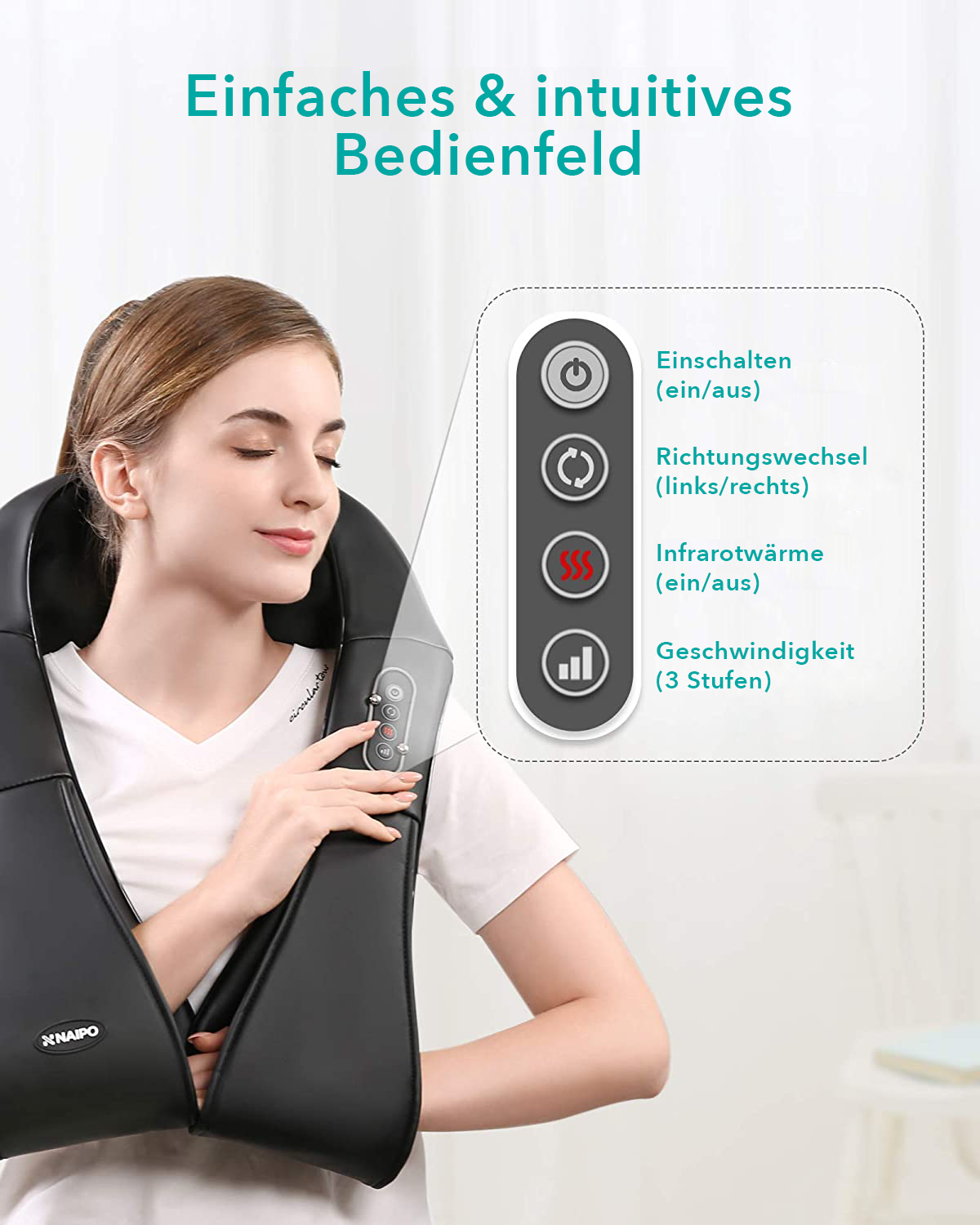 Frau, die ein schwarzes Nackenmassagegerät benutzt. Das Gerät befindet sich um ihren Hals. Text und Tasten werden angezeigt.