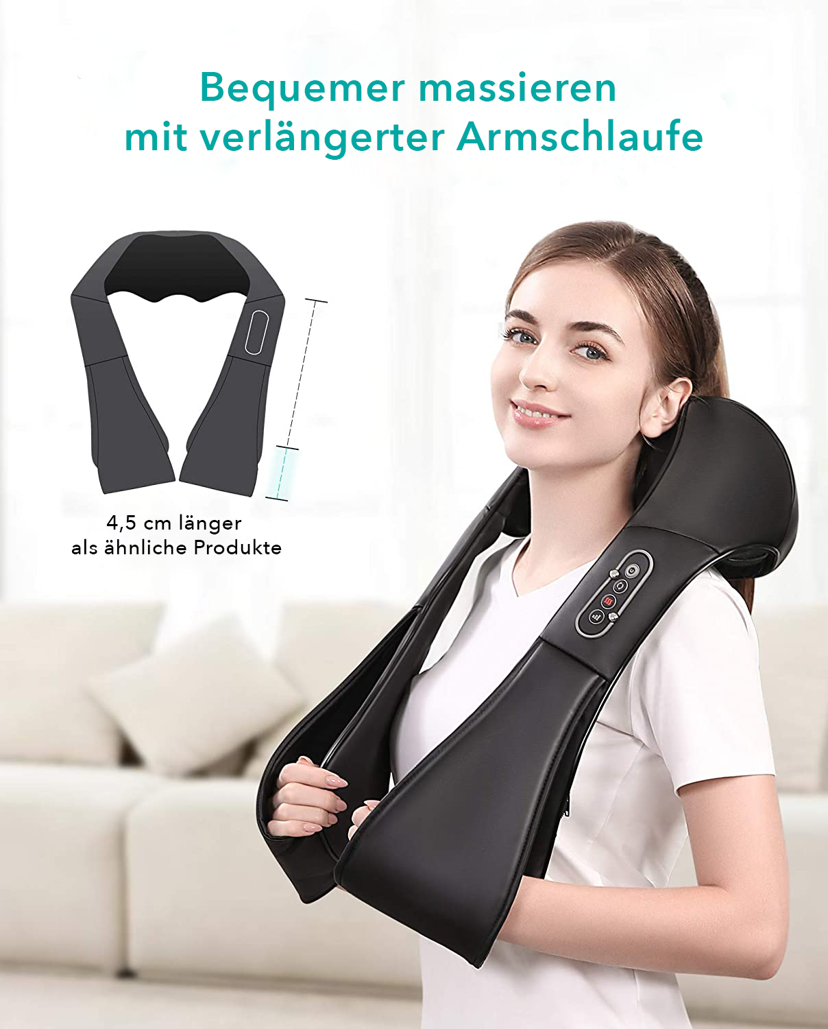 Eine Frau trägt ein schwarzes Nackenmassagegerät. Das Massagegerät hat Knöpfe. Text darüber. Weißer Hintergrund.