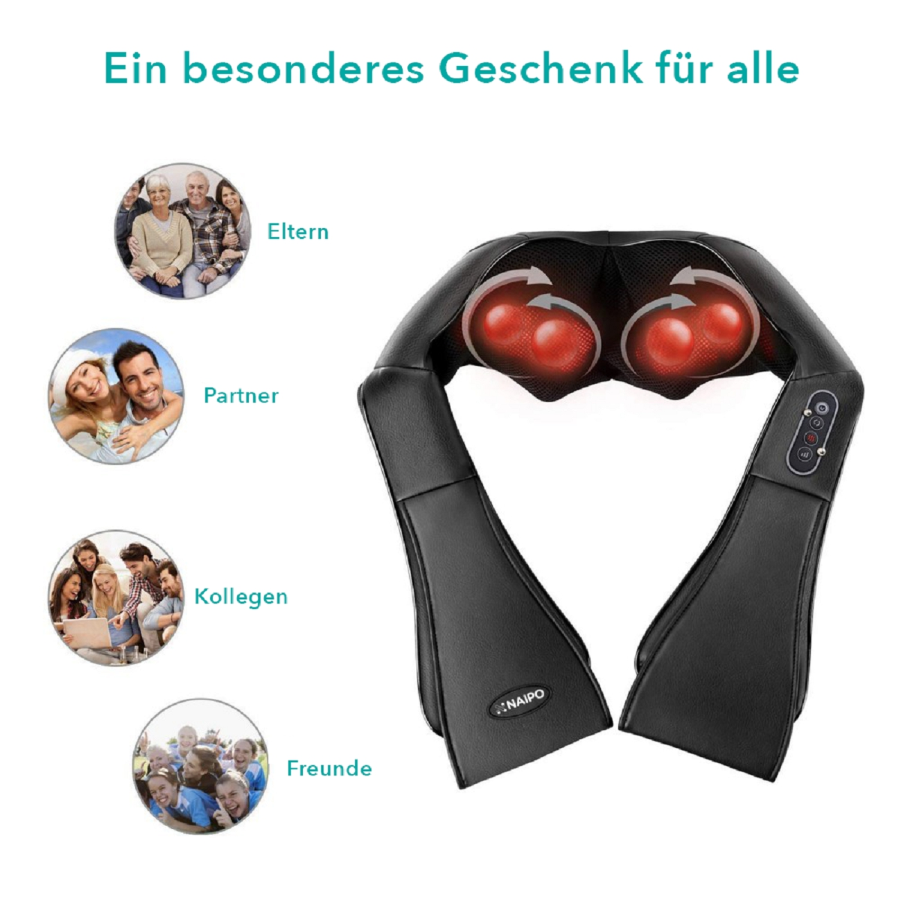 Nackenmassagegerät mit roten Knoten und Bedienelementen. Bilder zeigen es als Geschenk.