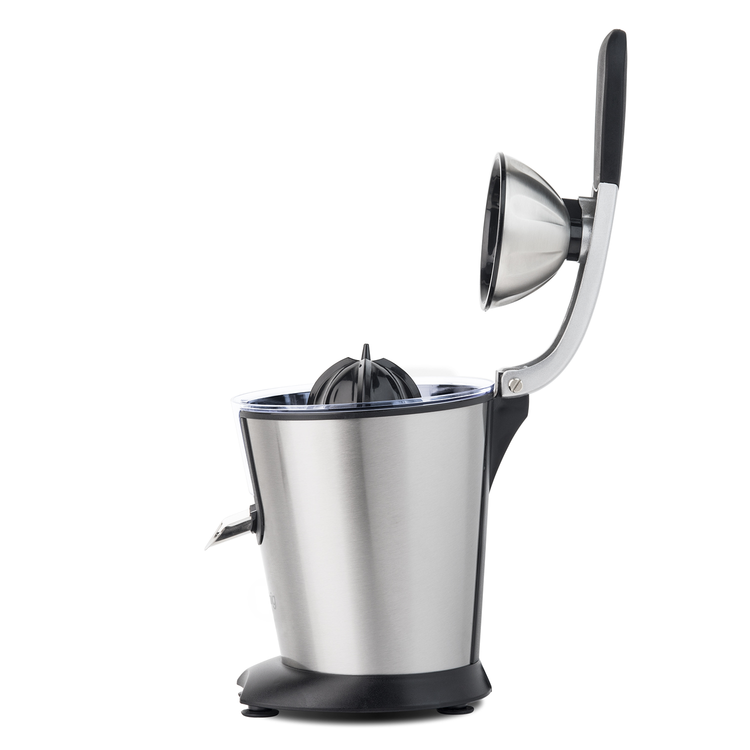 Srebrna wyciskarka do soku z czarnym uchwytem na białym tle.