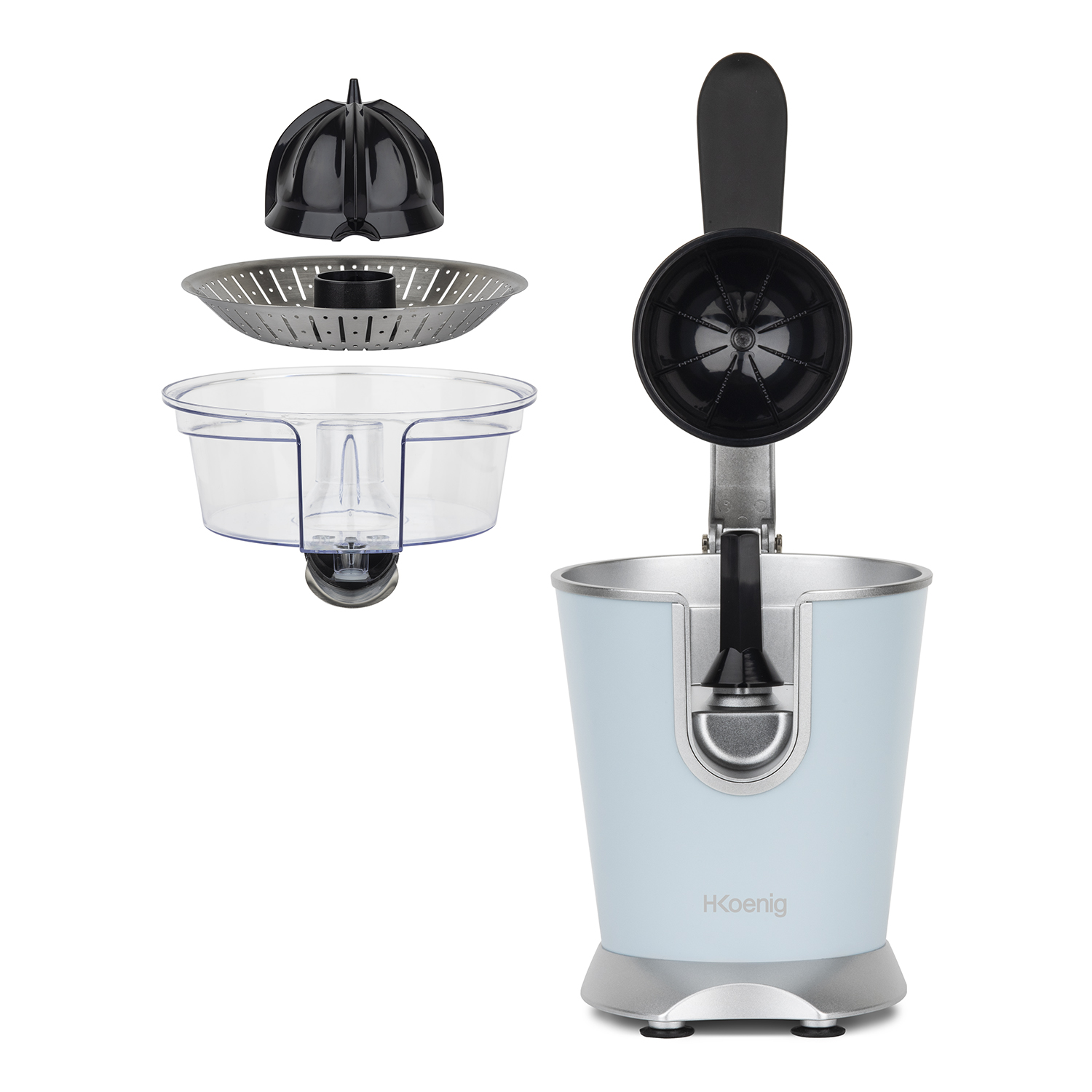 Rozebrana wyciskarka do cytrusów z częściami przed niebieską podstawą. Marka H.Koenig.