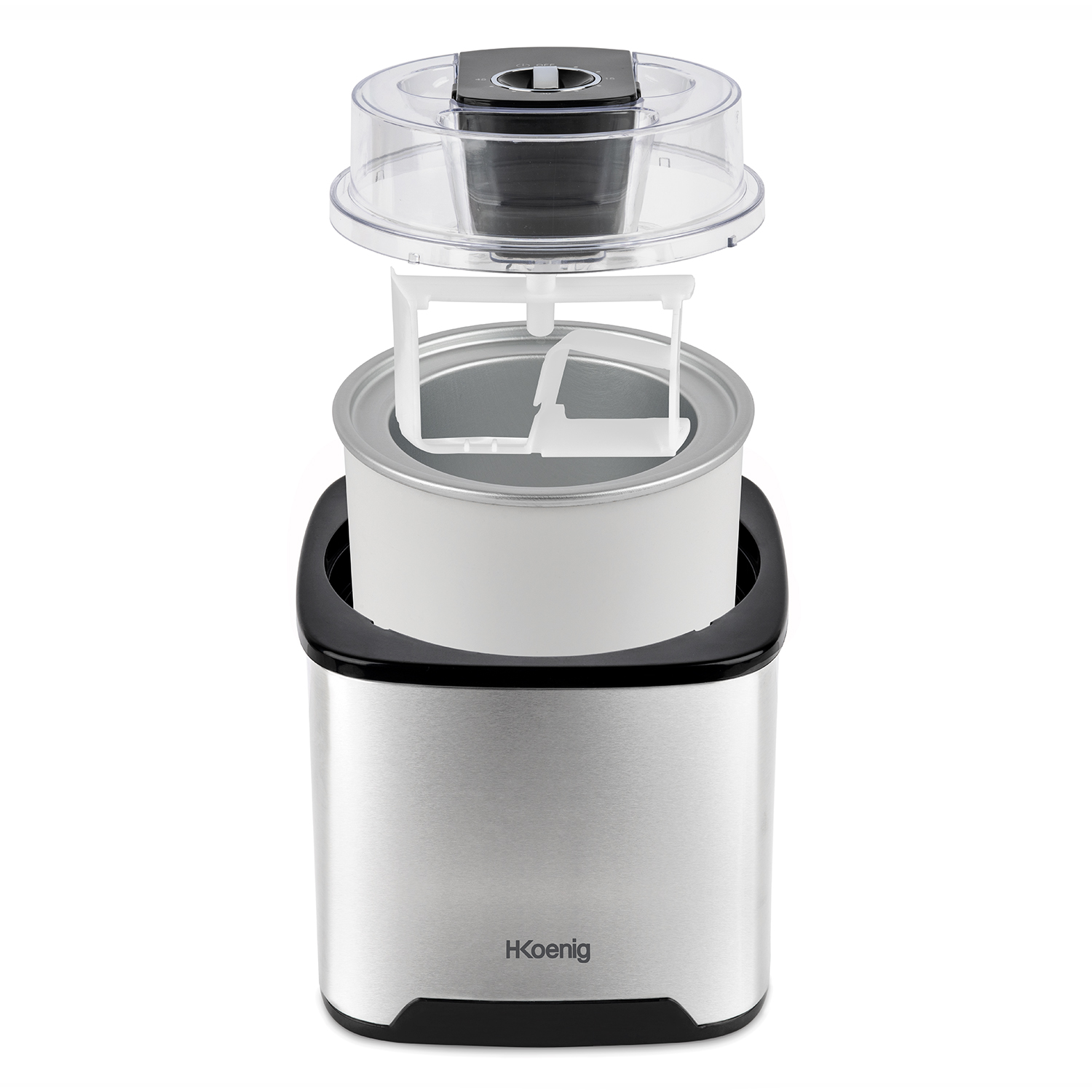 Maszyna do lodów. Jest srebrno-czarna z przezroczystą górą i białym wnętrzem.