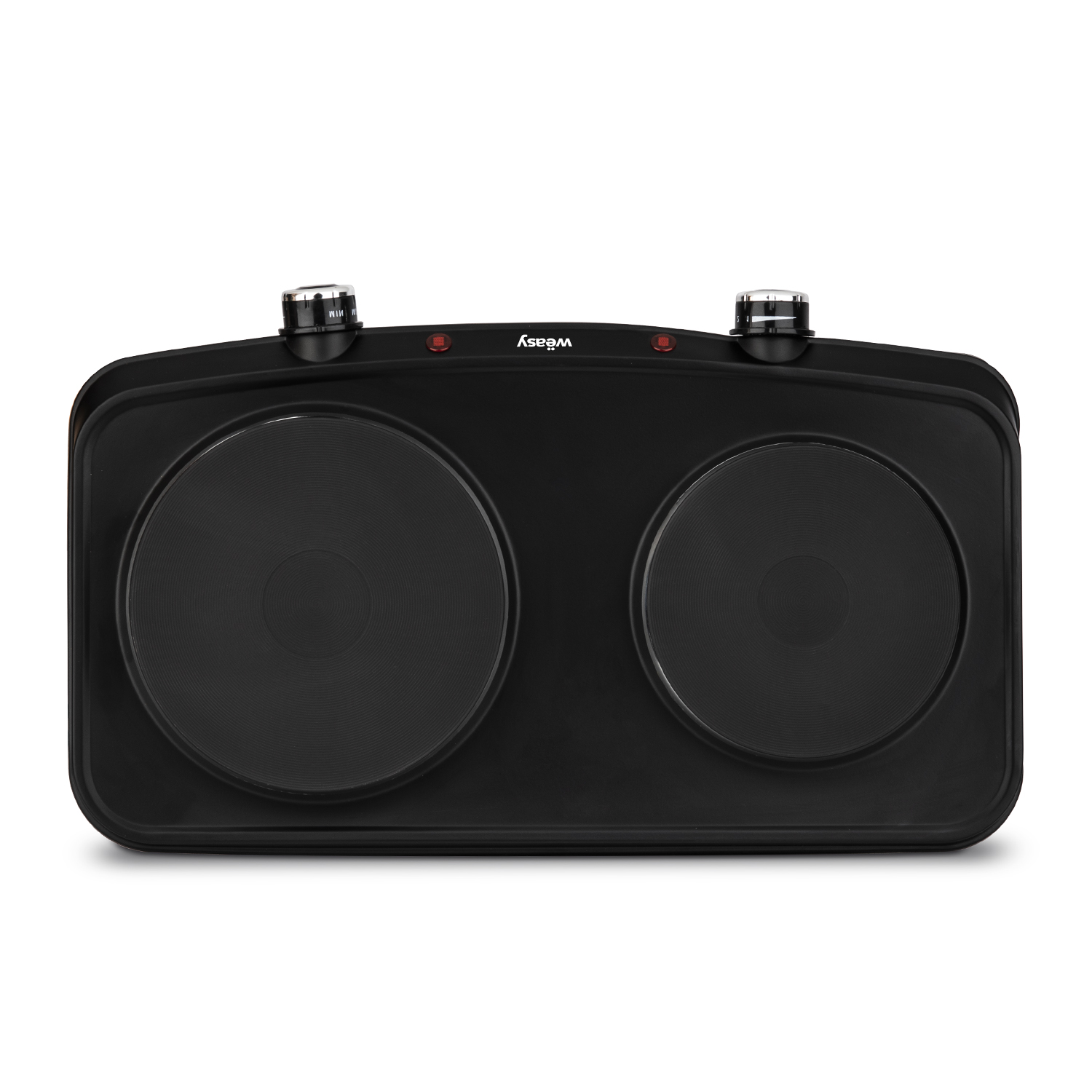 Czarna podwójna płyta grzewcza z dwoma okrągłymi palnikami, pokrętłami i kontrolkami zasilania.