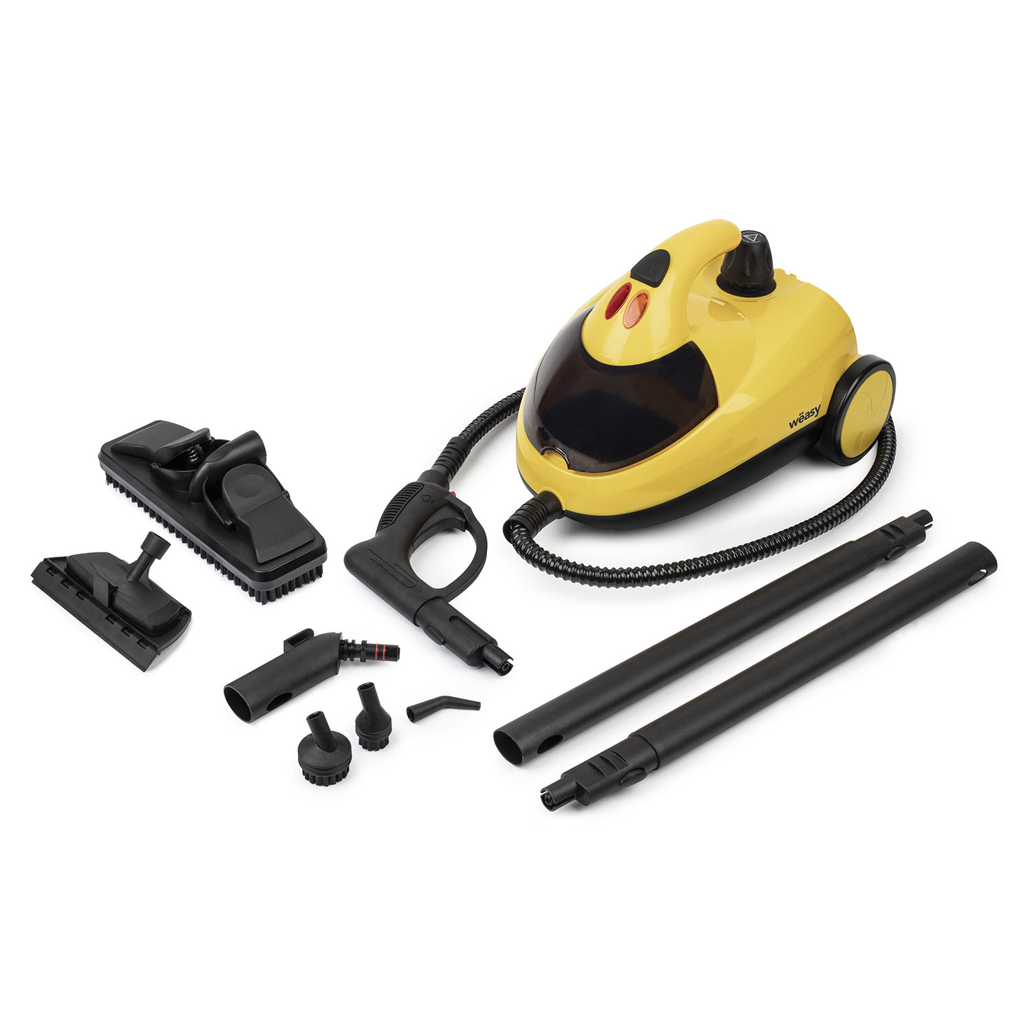 Żółta myjka parowa z wieloma przystawkami, na białym tle.