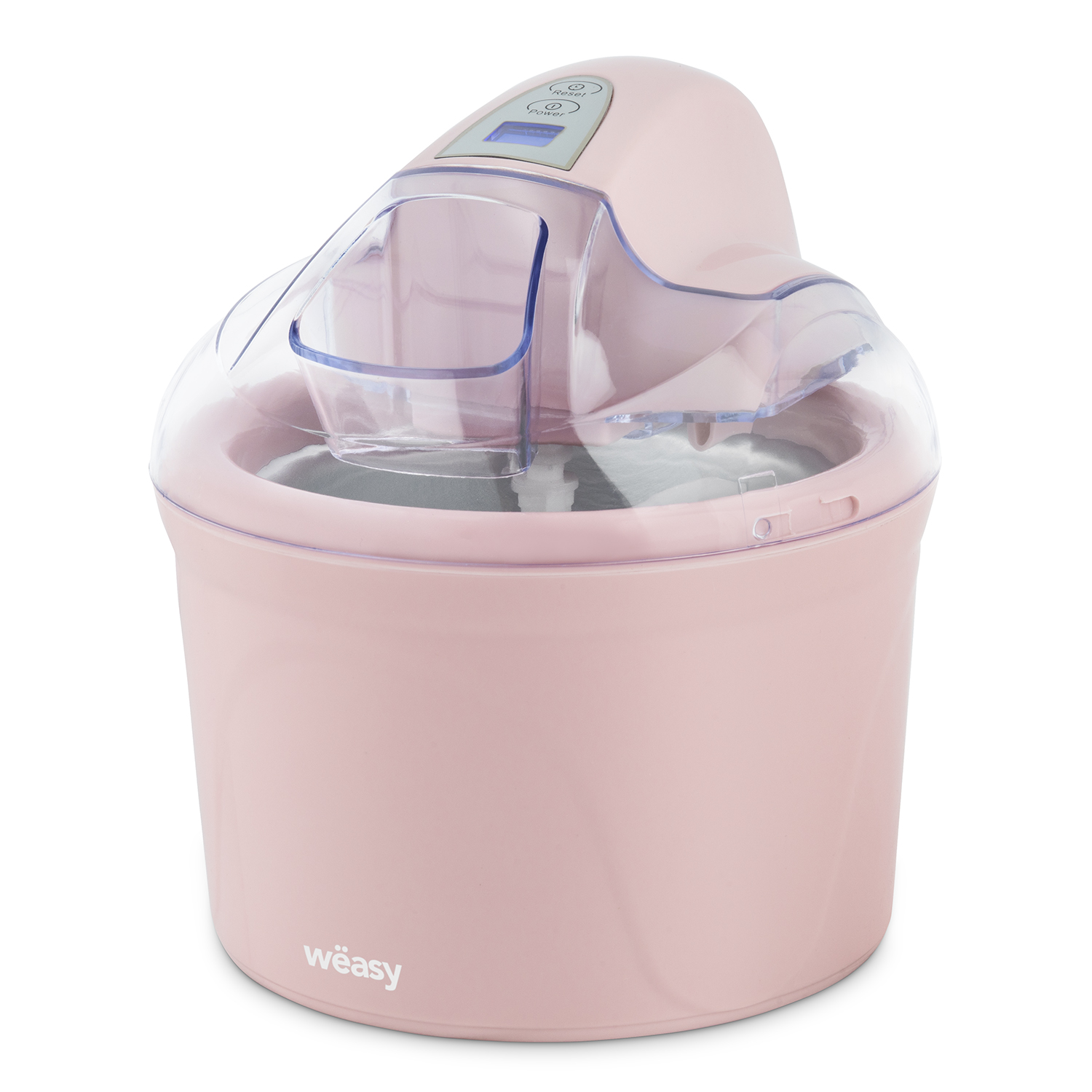Eine rosa Eismaschine mit durchsichtigem Deckel, Digitalanzeige und dem Wort 'weasy'.