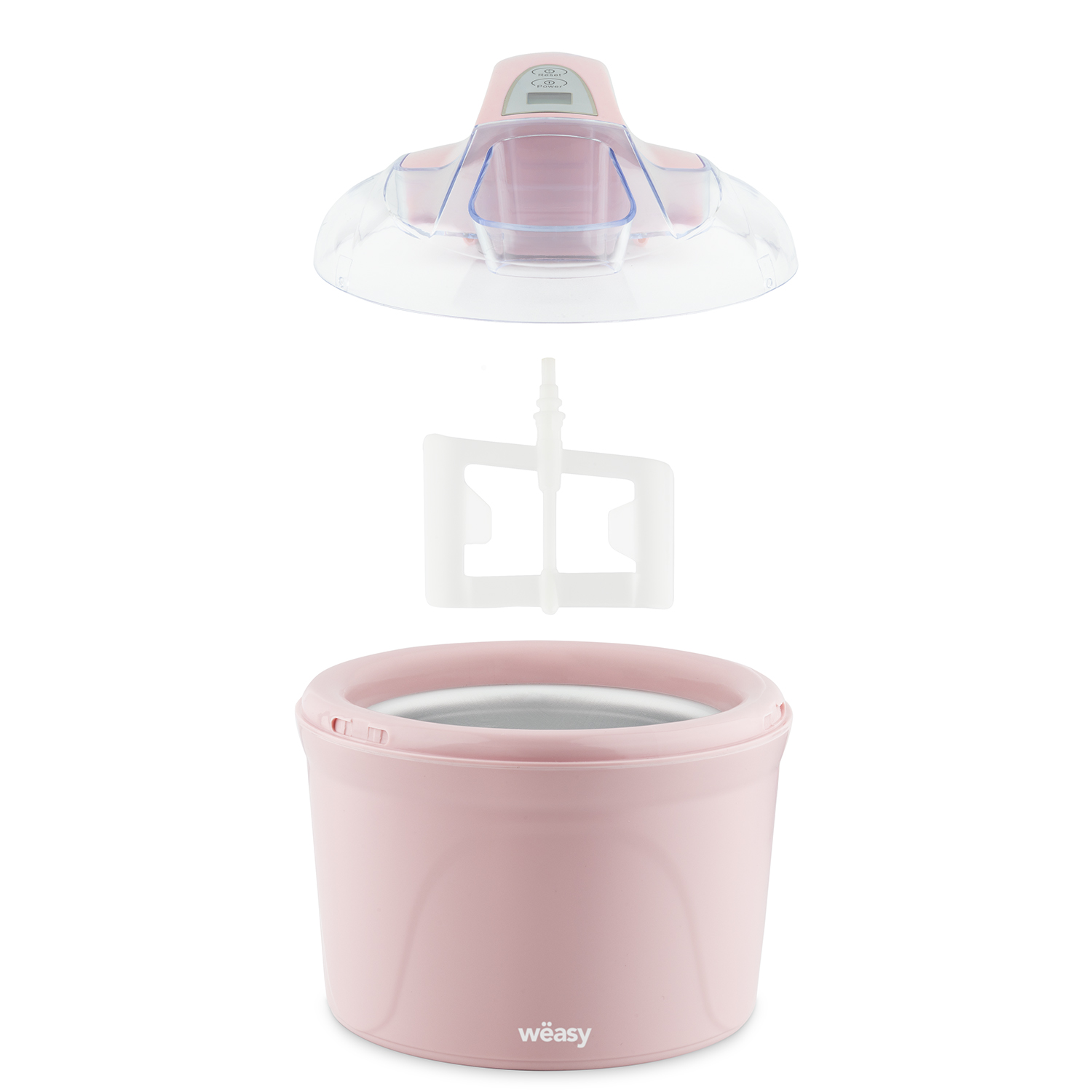 Rosa Eismaschine, zerlegt. Komponenten auf Weiß. Transparenter Deckel, rosa Eimer.