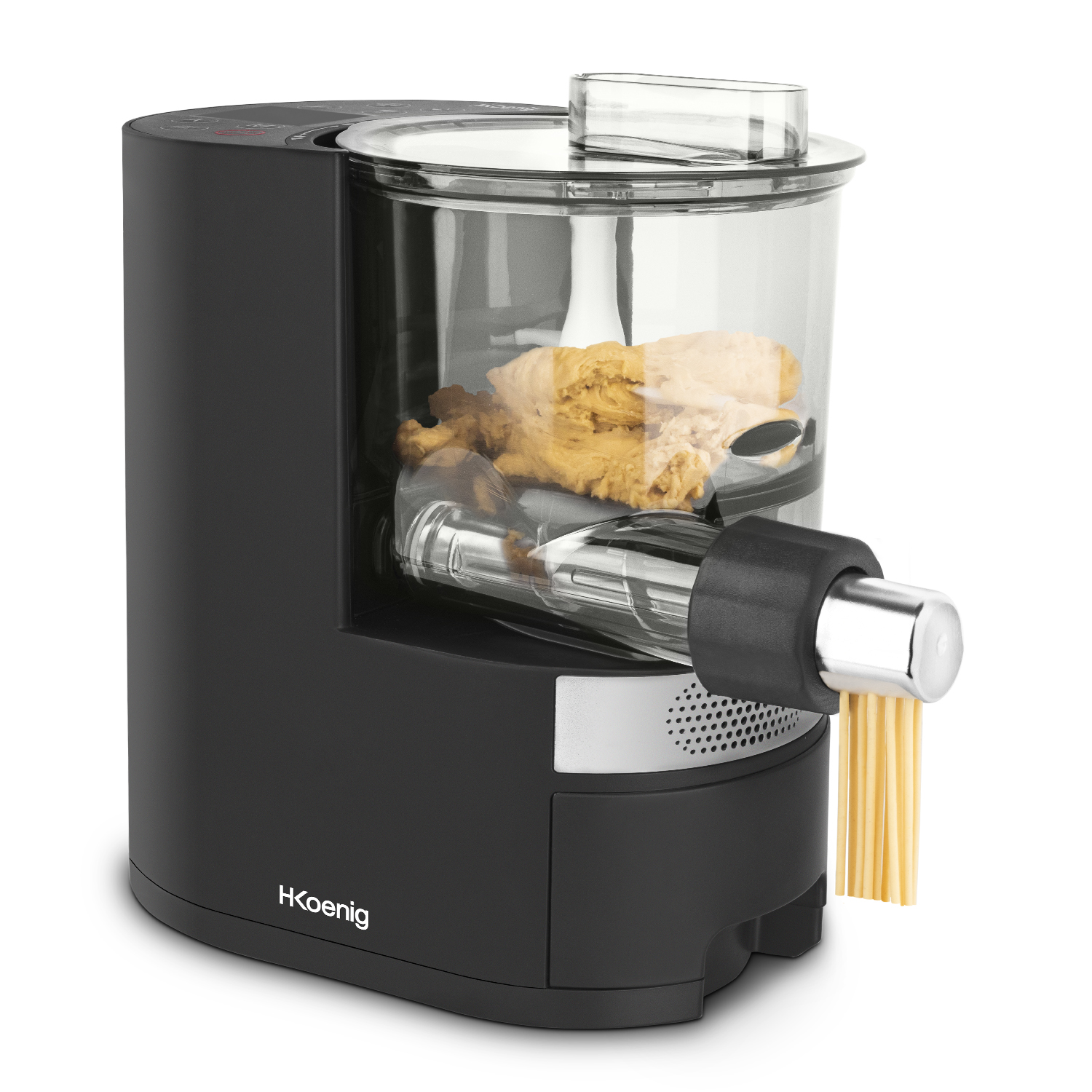 Macchina per pasta nera con contenitore trasparente, che mostra la pasta in fase di preparazione.