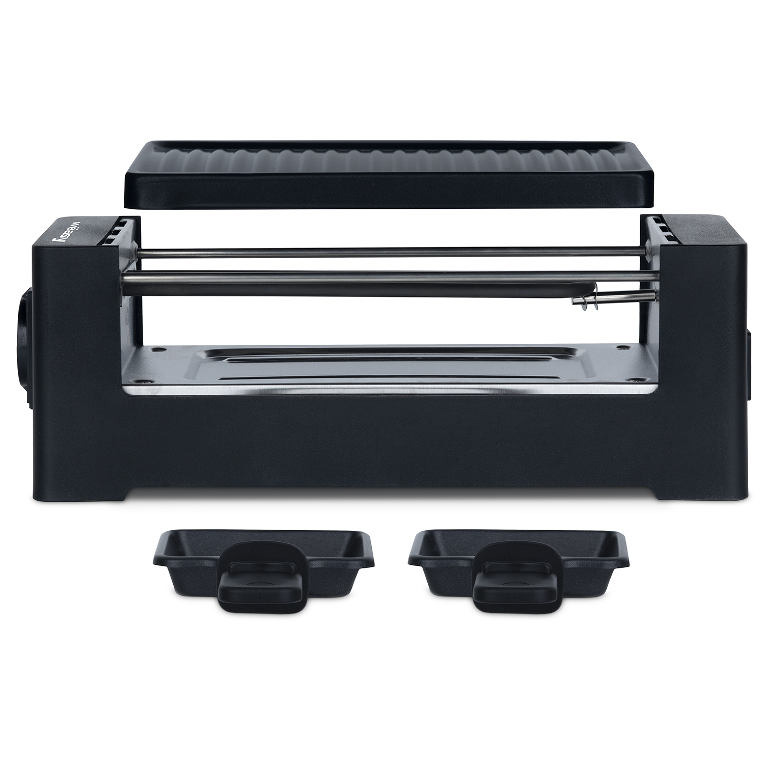 Ein schwarzer Raclette-Grill mit zwei kleinen Pfannen darunter.