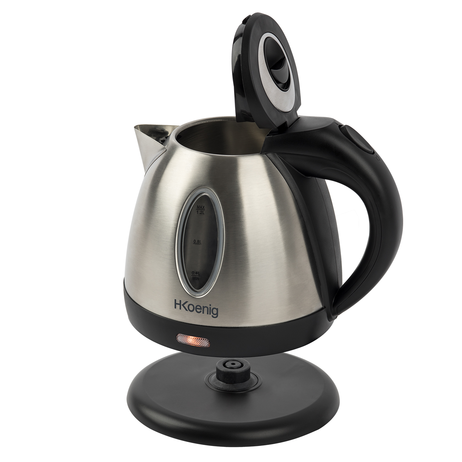 Stainless steel electric kettle with open lid, on its base. Black handle and black base.
