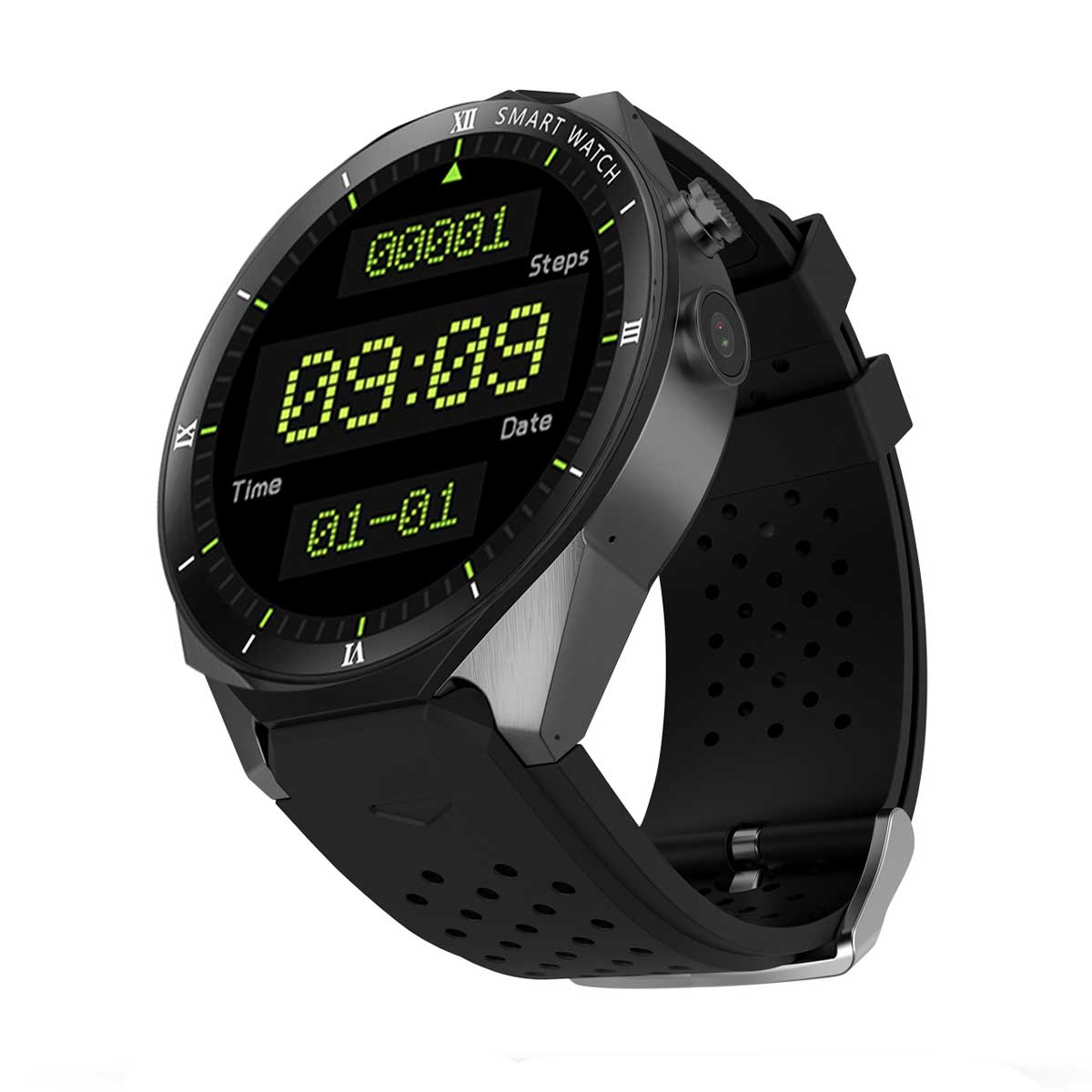 Uno smartwatch nero con cinturino nero, che mostra l'ora e i passi sullo schermo.