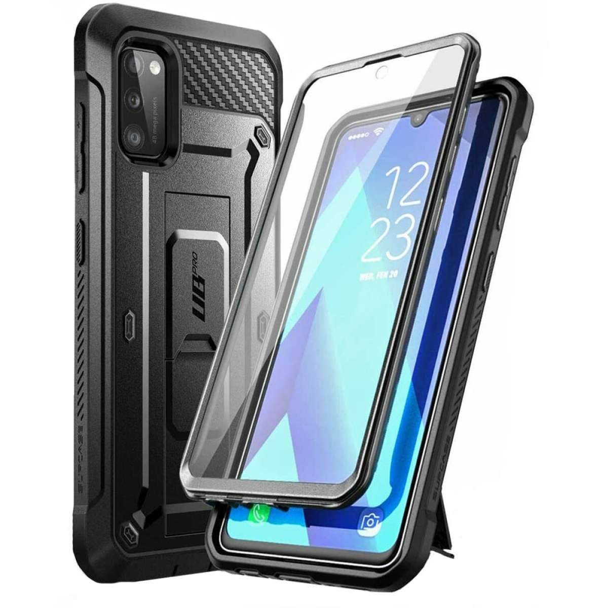 Schwarze Handyhülle mit einem Telefon im Inneren. Die Hülle hat einen eingebauten Ständer und einen klaren Displayschutz.