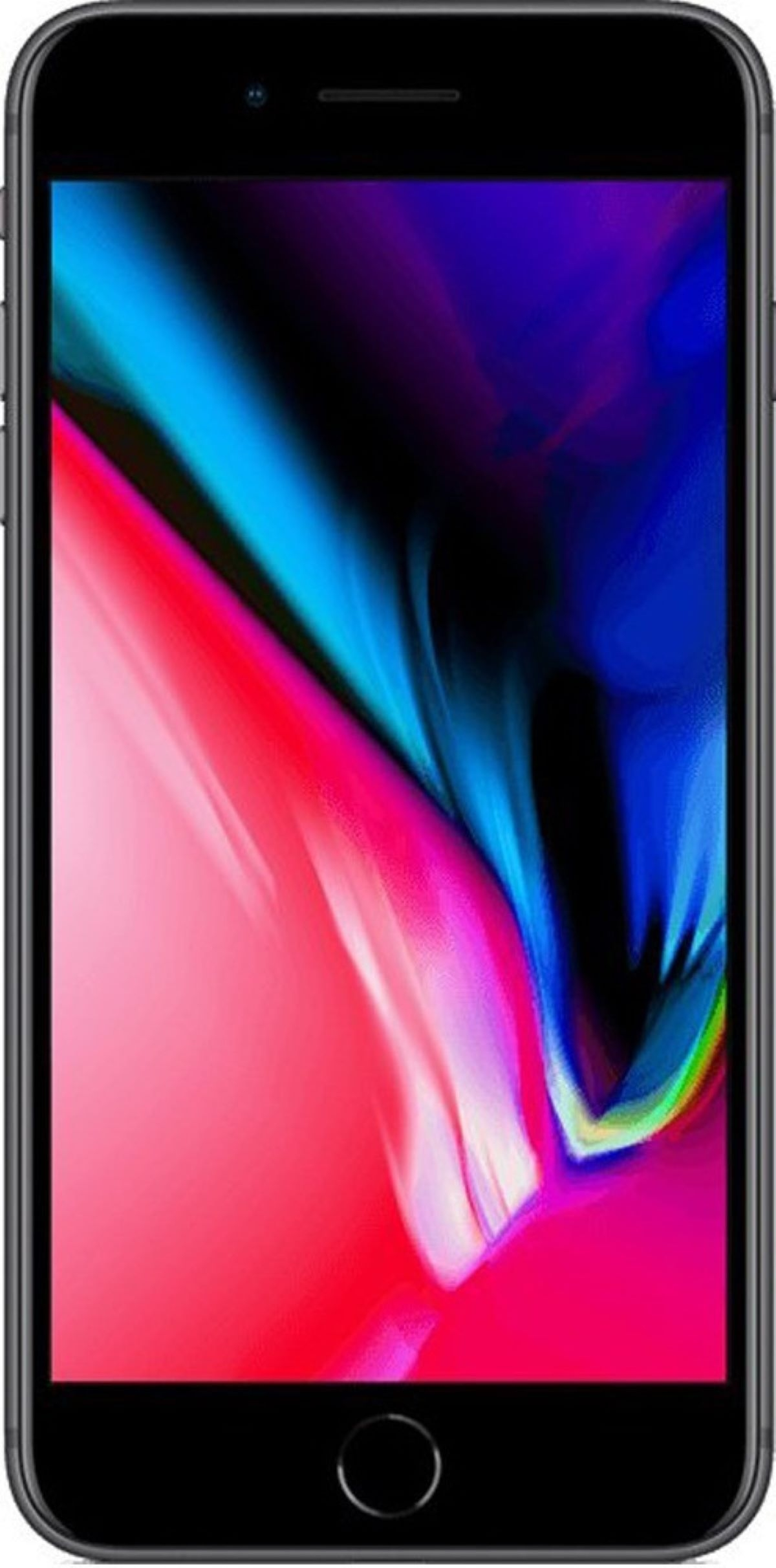 Schwarzes Smartphone mit farbenfrohem, abstraktem Hintergrund auf dem Bildschirm, isoliert auf Weiß.