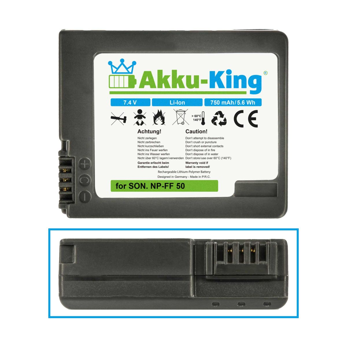 AKKU-KING Akku kompatibel mit Li-Ion Sony Kamera-Akku, 7.4 NP-FF50 Volt, 750mAh