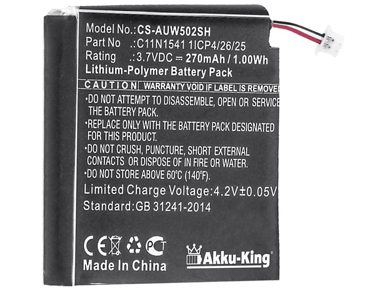 AKKU-KING Akku kompatibel mit Asus 0B200-01760100 Li-Polymer Smartwatch-Akku, 3.7 Volt, 270mAh