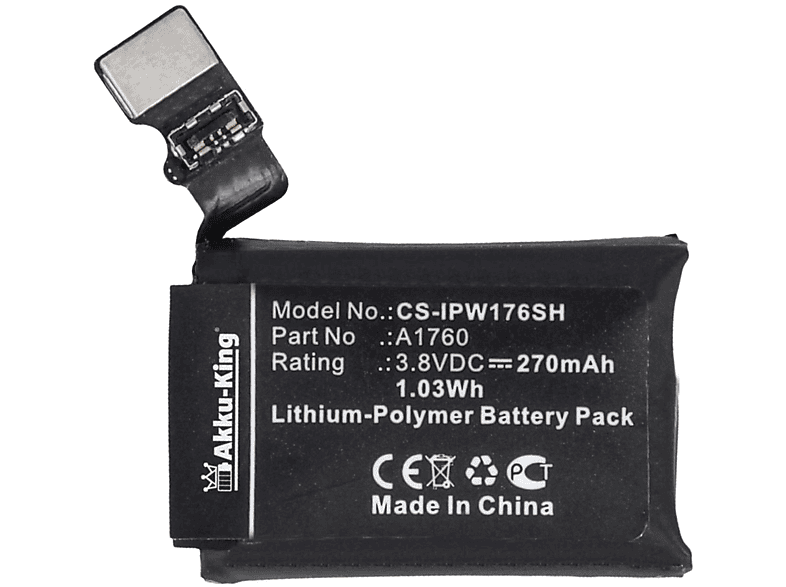 270mAh Li-Polymer Smartwatch-Akku, kompatibel mit Volt, A1760 AKKU-KING Apple Akku 3.8