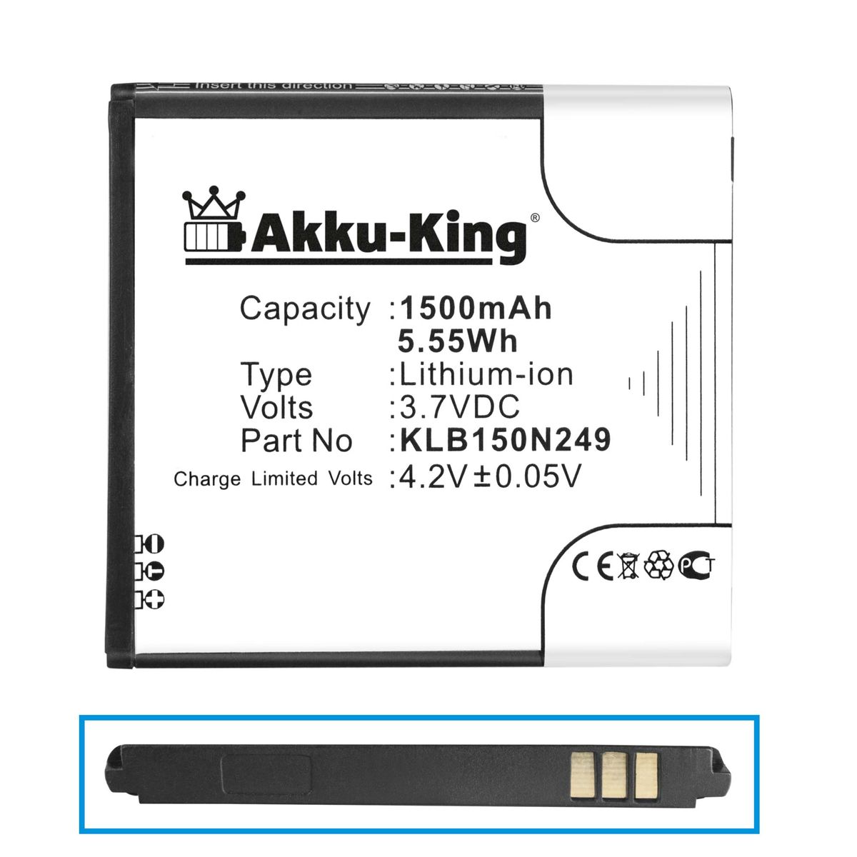 1500mAh AKKU-KING Kazam Li-Ion Volt, Handy-Akku, KLB150N249 3.7 kompatibel mit Akku